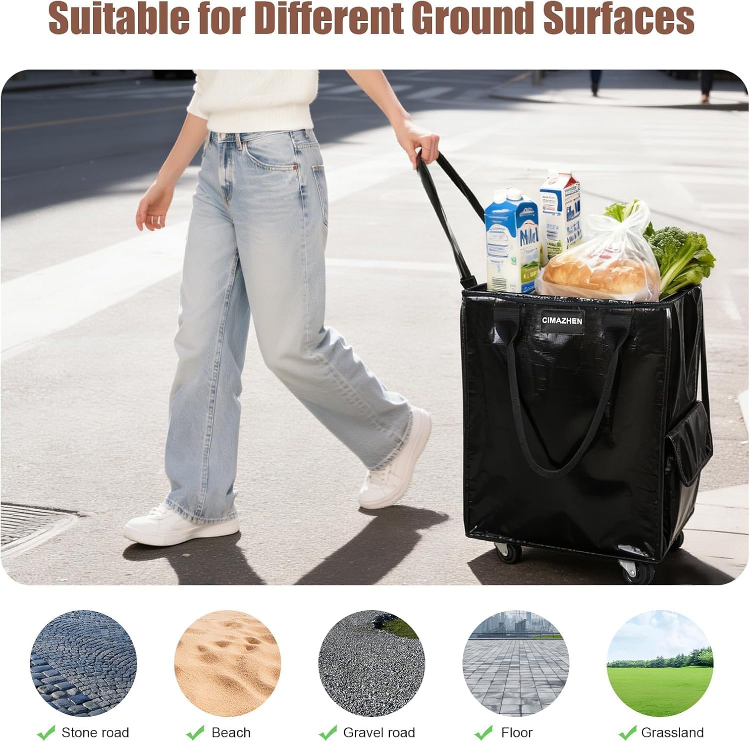 Reusable Grocery Bag Tote Bag with Wheels, Foldable Rolling Tote Bag with 3 Handles and Zipper