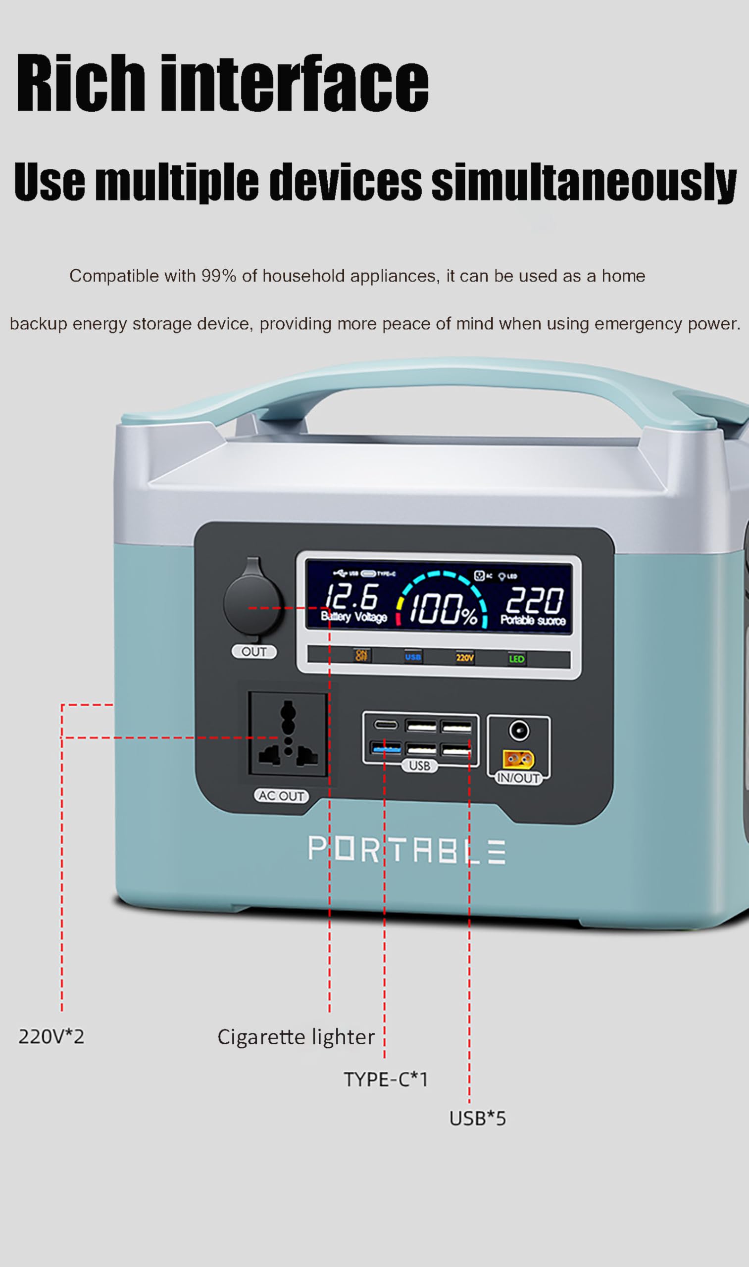 Centrale électrique Portable 800 W, Batterie de Secours au Lithium 960 Wh, Prise Secteur 110 V/220 V à Onde sinusoïdale Pure, générateur Solaire avec éclairage LED