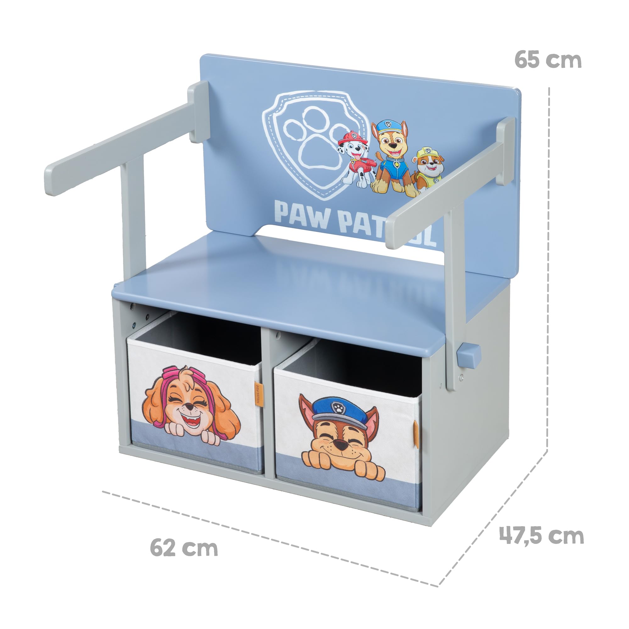 Paw Patrol Klappbare Sitzbank mit 2 Aufbewahrungsboxen, umbaubar zum Kindertisch, Holz grau/blau ab 18 Monaten