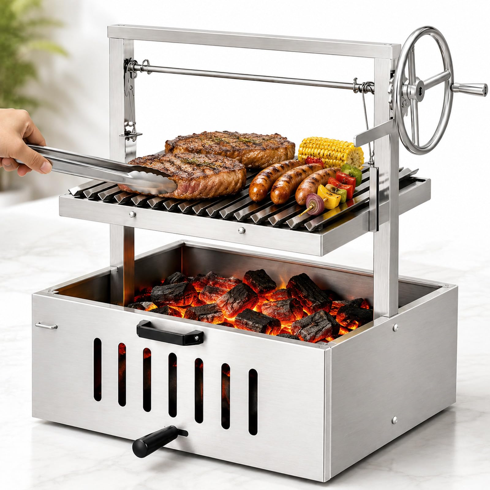 Barbecue Argentino a carbonella, Stile Santa Maria con griglia a V Regolabile in Altezza, manovella e Struttura in Acciaio Inox per Uso Esterno