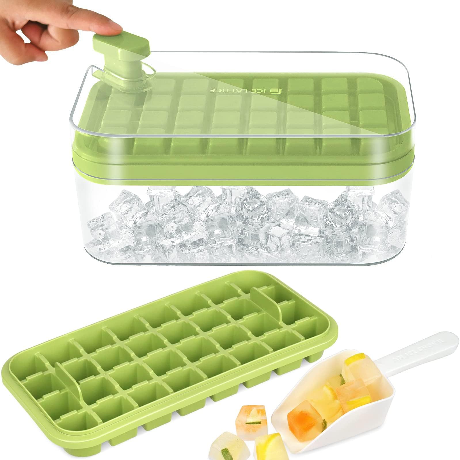 EYSOO Ice Cube Tray 64 Grids Ice Tray with Lid Easy-release Ice Cube Molds Ice Cube Trays for Freezer BPA Free Pressing Ice Cube Maker Ice Maker Tray with Bin for Beverage Coffee Fruit Yogurt (Green)