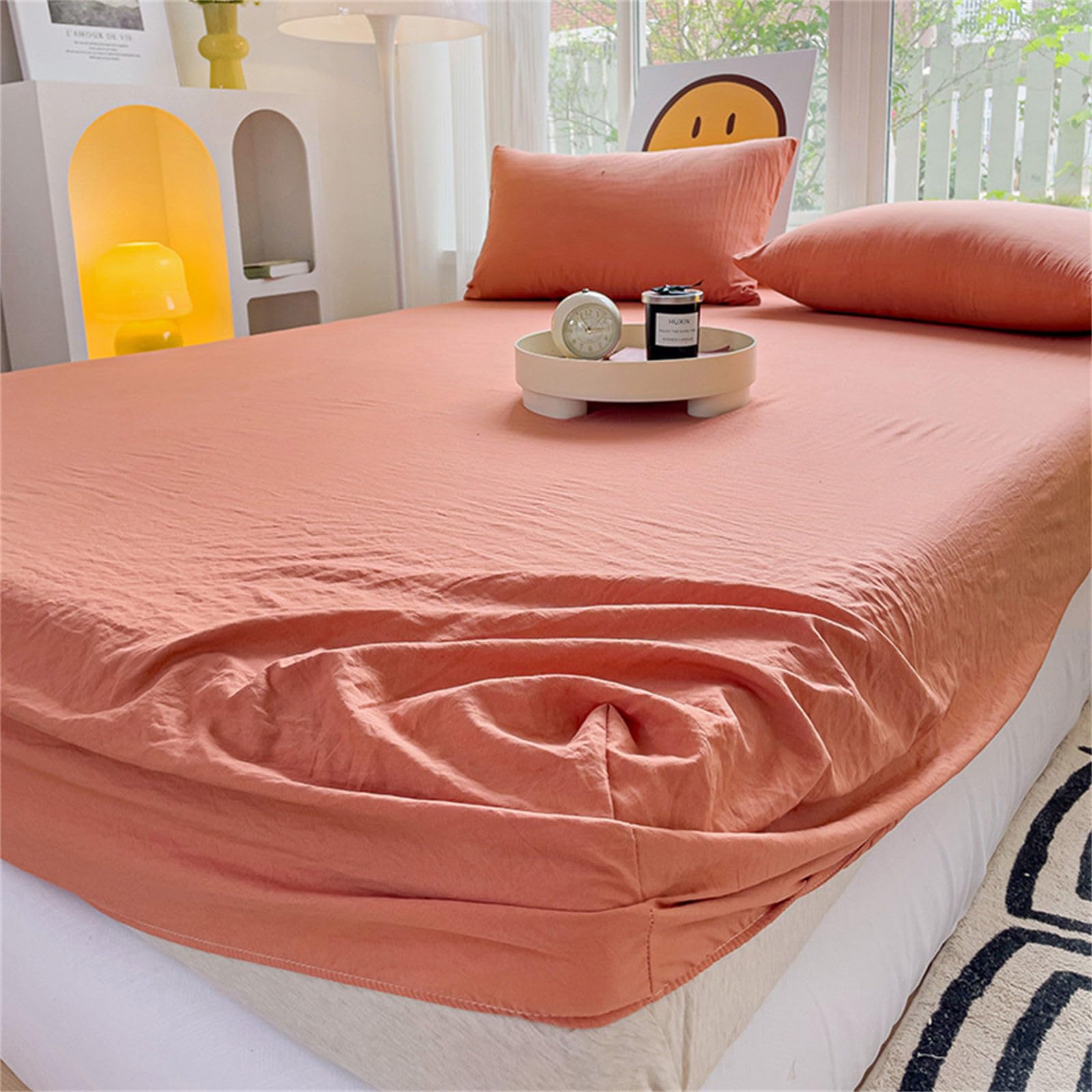 Odot Fitted Sheet Single Double King Size Bed, All Around Elastic Fitted Sheet Solid Color Deep Pocket Fitted Sheets Breathable Microfibre Bed Sheets Fitted Bed Sheet (Orange,90x200x30cm)