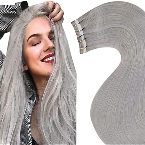 Tape in Extensions Human Hair Silver Grey Extensions Tape in Real Human Hair Gray Silver Tape in Hair Extensions 20inch 20pcs 50g