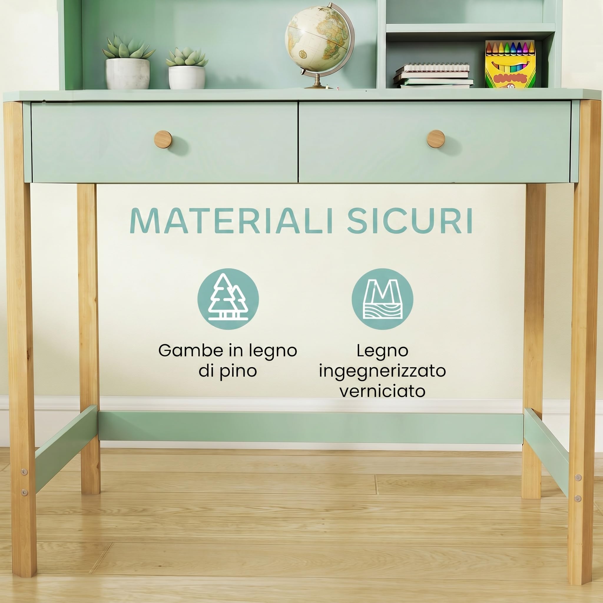 AIYAPLAY Scrivania per Bambini con 3 Scomparti e 2 Cassetti, Scrivania in Legno con Spazi per Libri e Giochi, Banco Scuola per Studio e Disegno per Bambini 5-12 Anni, Verde