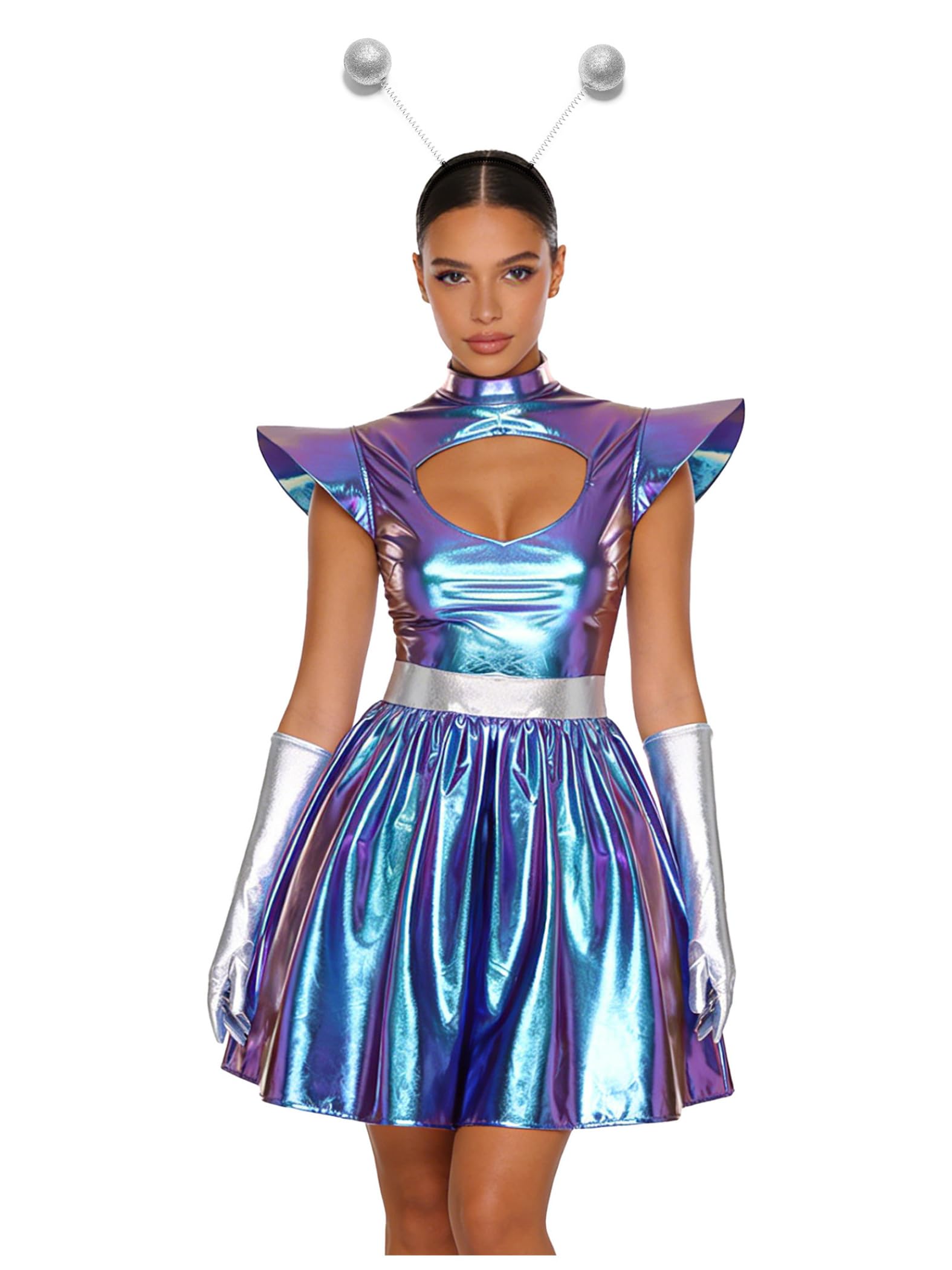 Yiesvsov Women Space Fancy Costume Metallic Robot Alien Costume Front Hollow Dress for Halloween Party 2Pcs Blue S