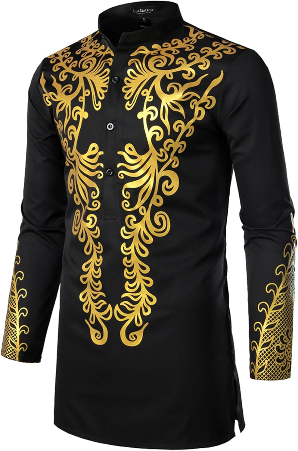 LucMatton Men's Metallic Foil Print African Attire Dashiki Slim Fit Long Sleeve Lightweight Shirt - Image 2