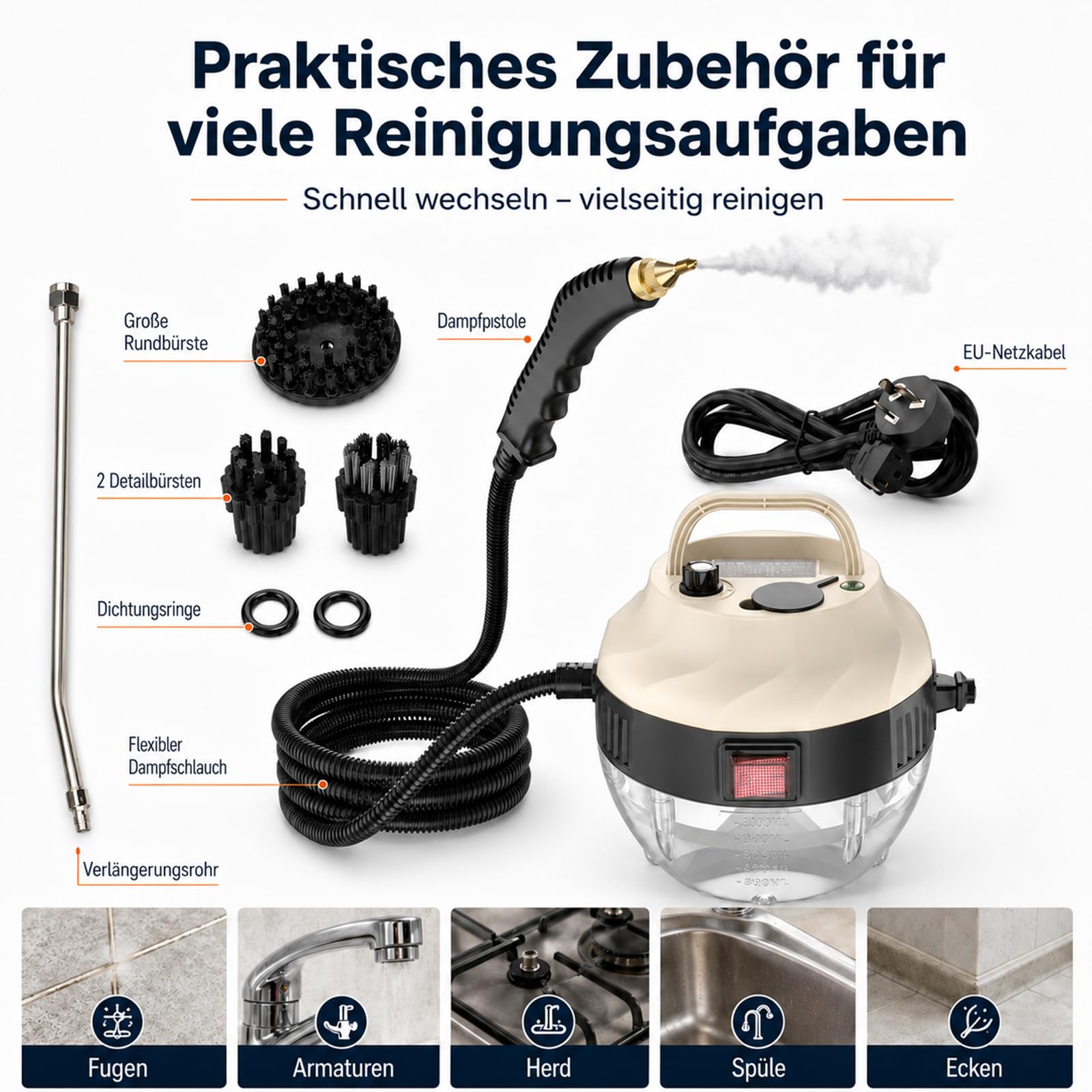 Dampfreiniger Handgerät, 15 Sekunden Aufheizzeit, 1L Wassertank, 1500W & 6 Geschwindigkeitsstufen, Steam Cleaner für Alles, Tragbarer Handdampfreiniger für Boden, Küche, Fenstern,Badezimmern, Auto
