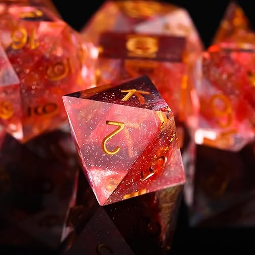 Miniatura 5 de Juego de dados DND, juego de dados DND hecho a mano, 7 accesorios de borde afilado para juegos TTRPG de Calabozos y Dragones, RPG multicara, resina