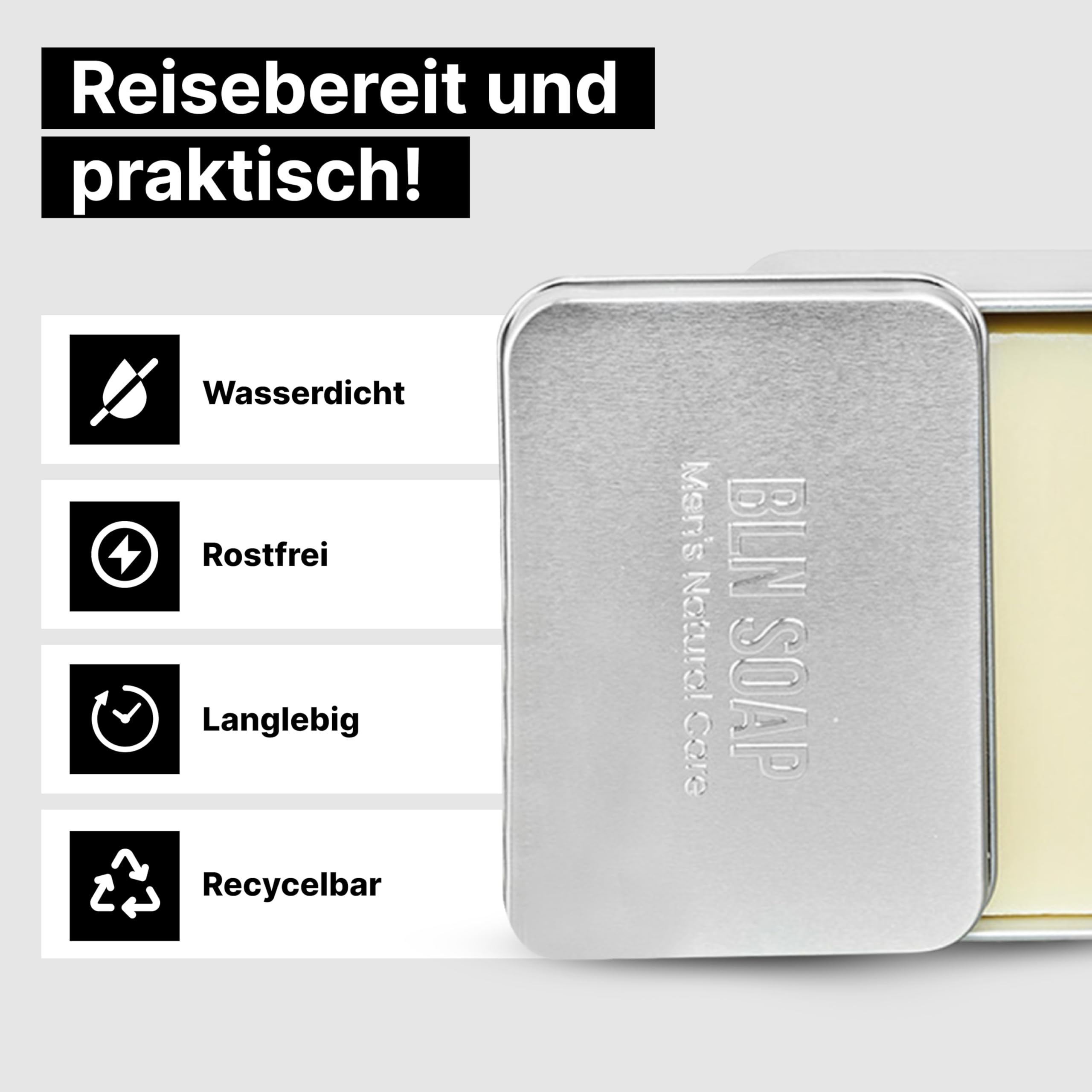 Feste Seifen für Männer (3 x 135 g) + Baumwoll-Seifensäckchen + Seifendose: 3-in-1 natürliche Männerseifen + Aufbewahrung + Seifenbeutel – Vegane Duschseifen Herren für Hand, Körper & Haare, BLN SOAP
