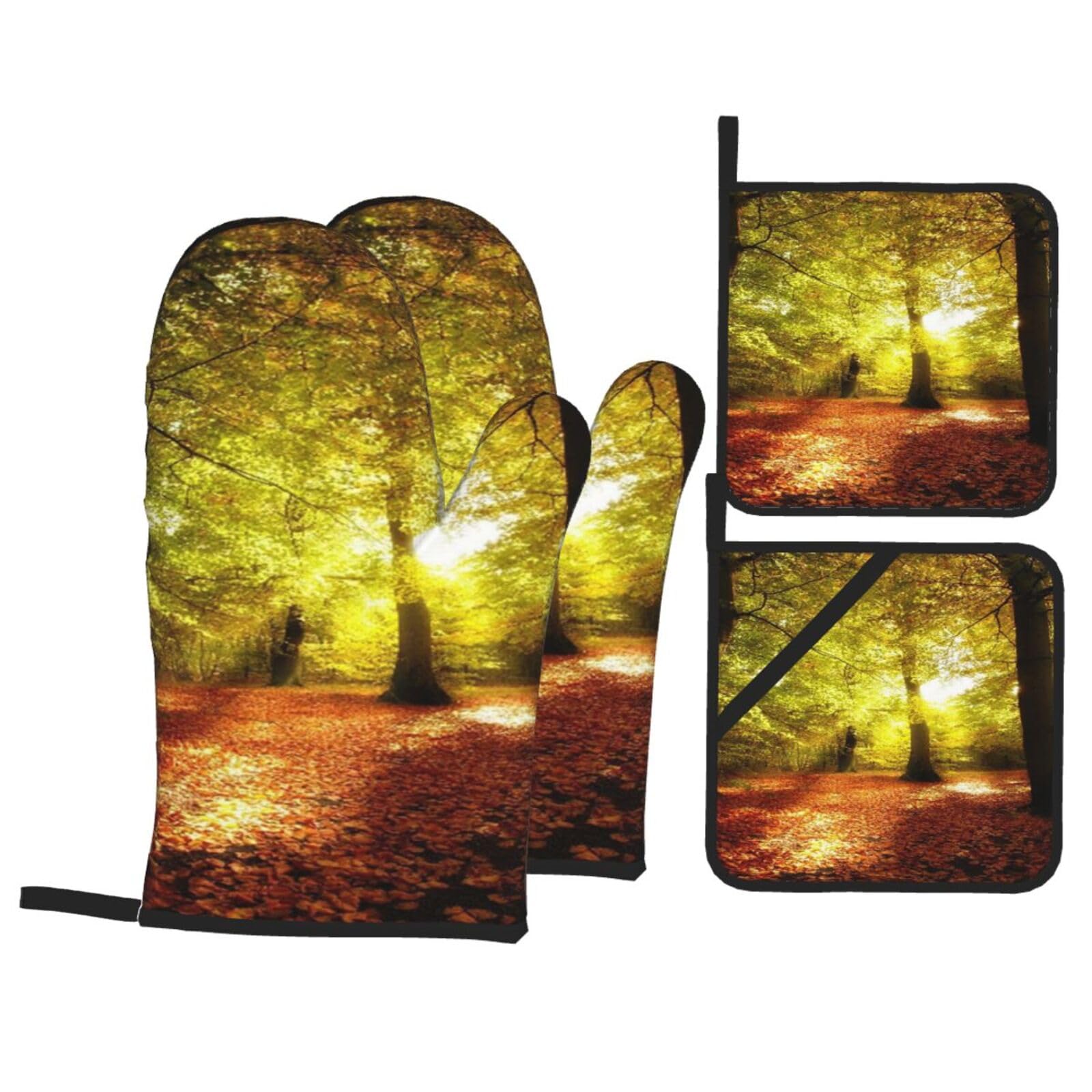 Gants de four et maniques forêt d'automne floues à la finition haut de gamme