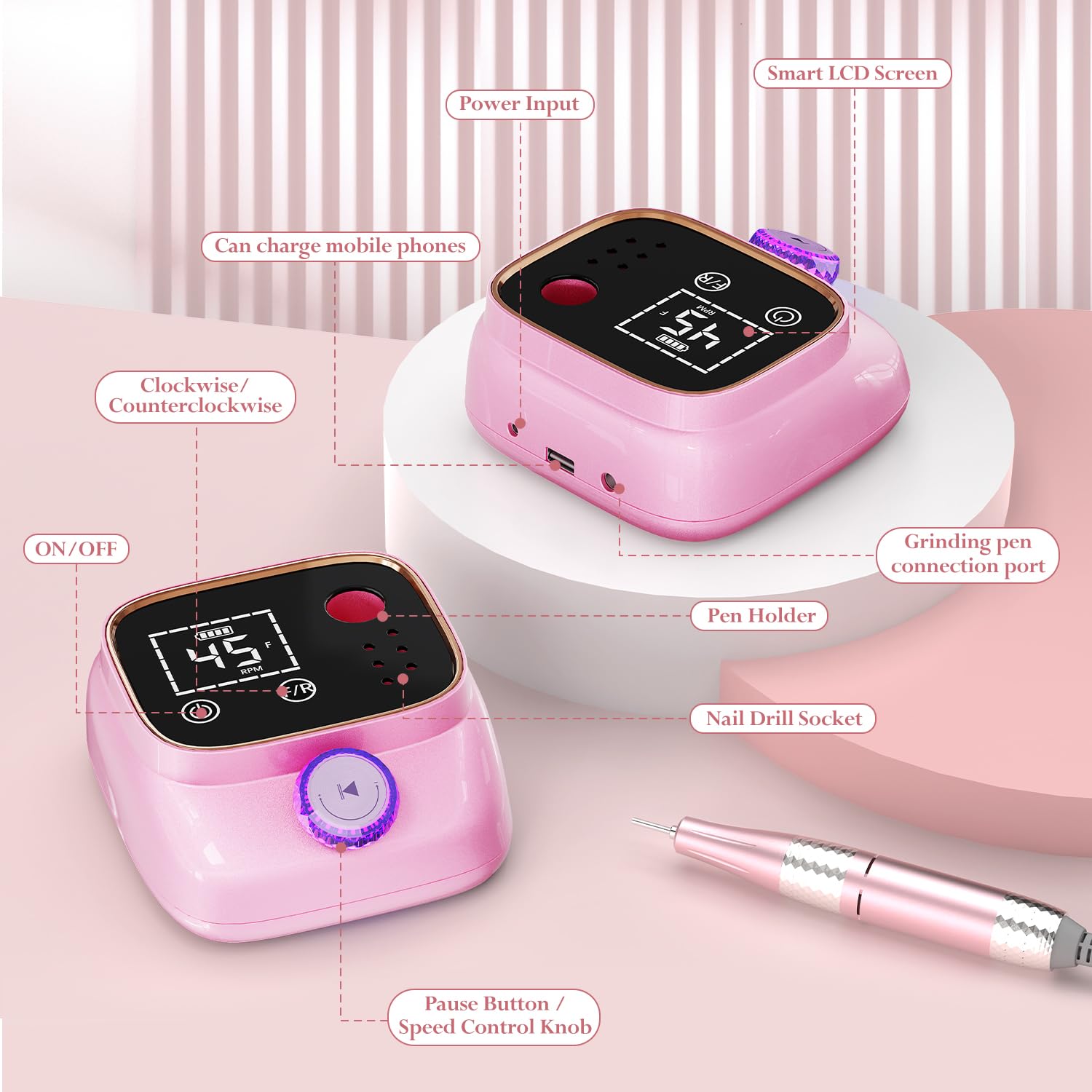 Professional 45000 RPM Ponceuse pour Ongles Electrique pour Toute Manucure Pédicure Acrylique gel à OnglesPolissage Enlèvement kit de Lime à Ongles Portable Conçu, Rose