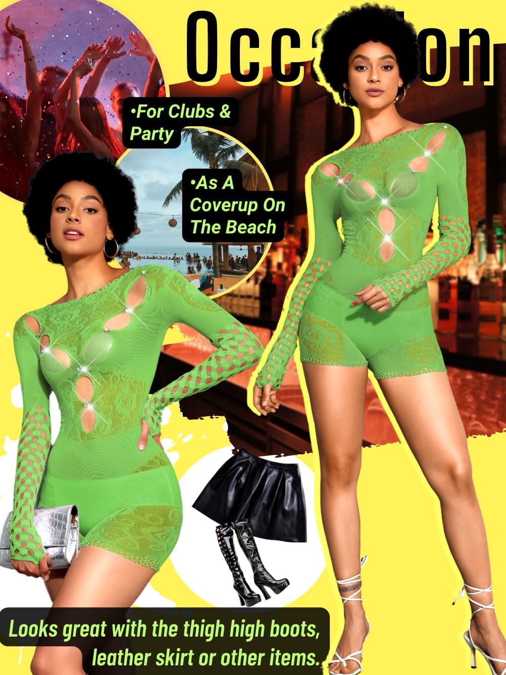EHSUYAB Punk Romper, Rhinestone Sexy Dancewear, Hollow Out Party Club Outfit