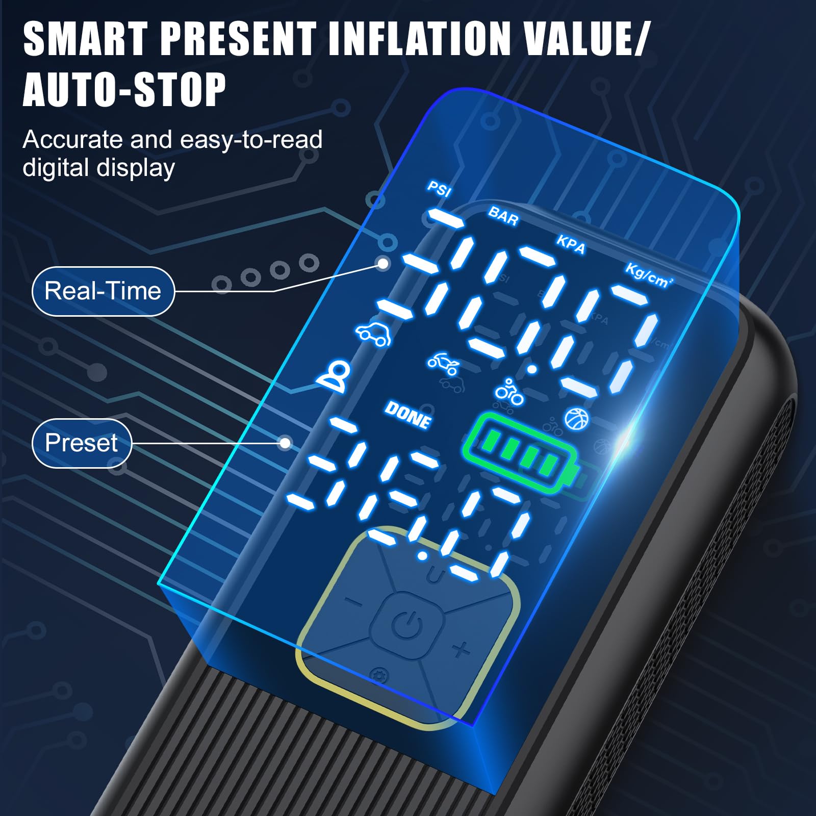Gonfleur de pneu portable 150PSI Pompe à air intelligente pour pneus de voiture avec manomètre numérique, gonfleur de pneu rapide portable pour voitures