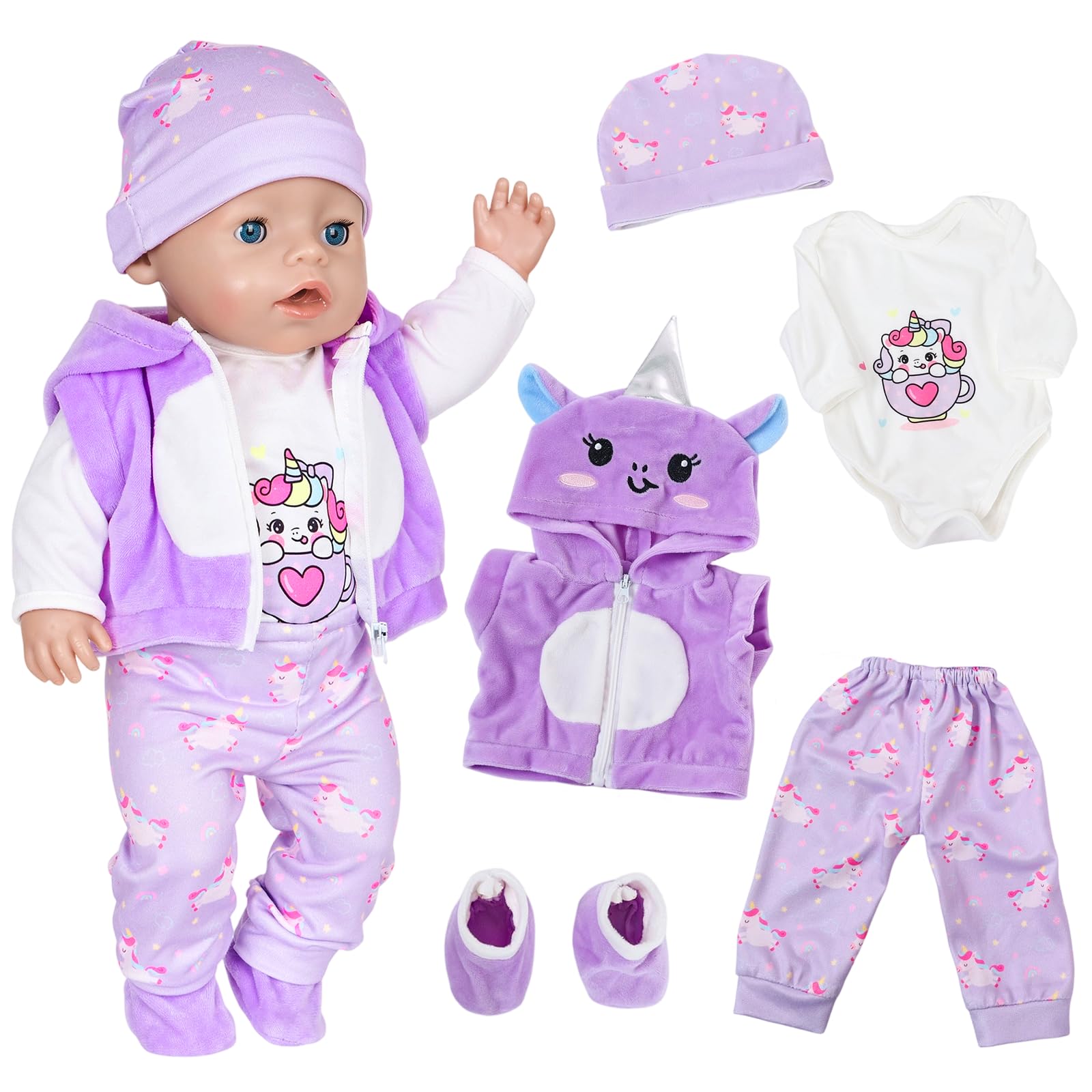 Baby Doll Clothes for 14-18 Inch Baby Dolls, Purple Pony Newborn Baby Clothes with Hooded Vest Long Sleeve Tops Trousers Hat Shoes for 30-45cm Doll Clothes Outfits Kids Birthday Gift