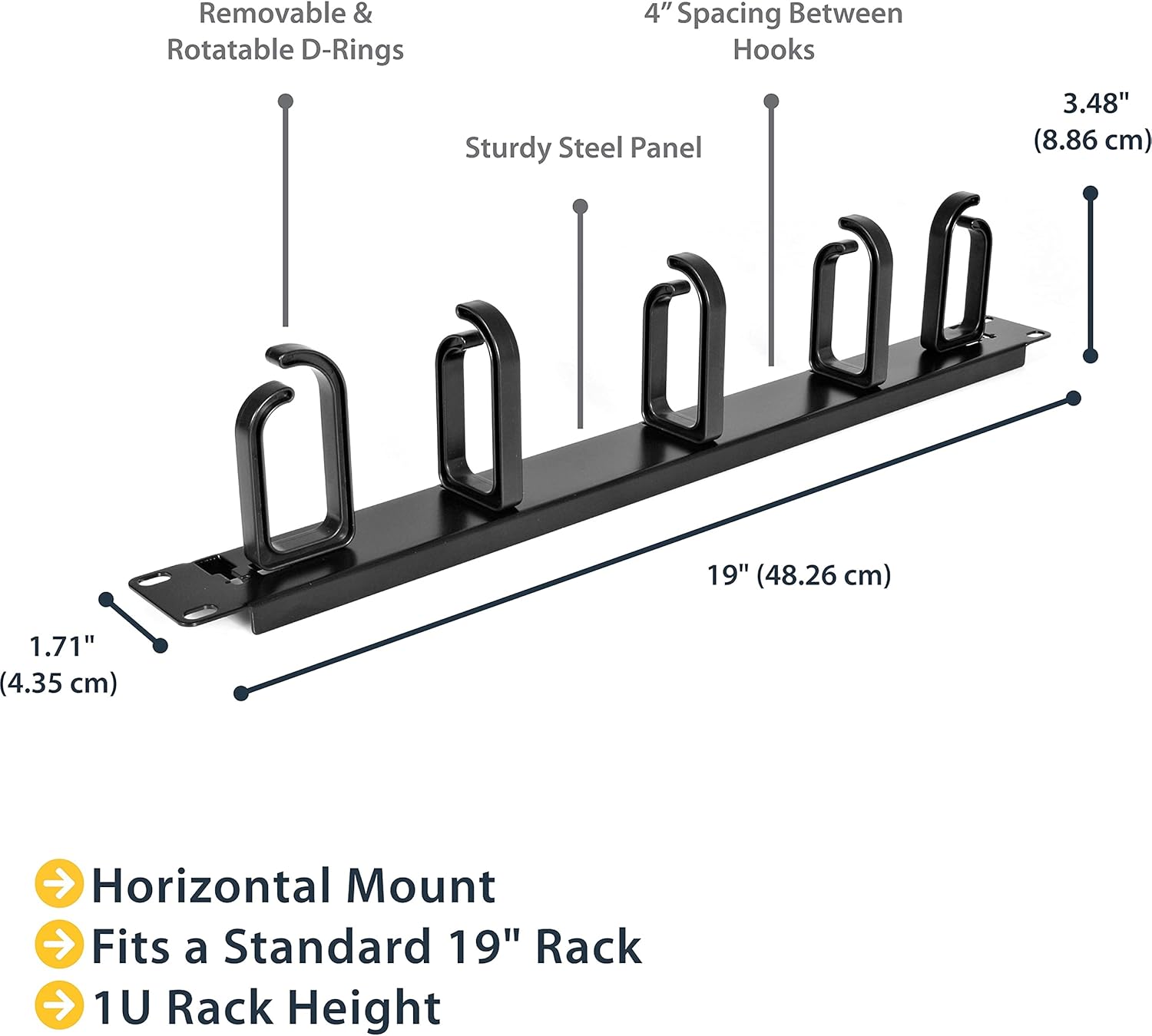 StarTech.com 19” Server Rack Cable Management Panel w/ D-Ring Hooks - 1U Horizontal or Vertical Wire and Cord Manager - Metal , TAA (CABLMANAGER2)