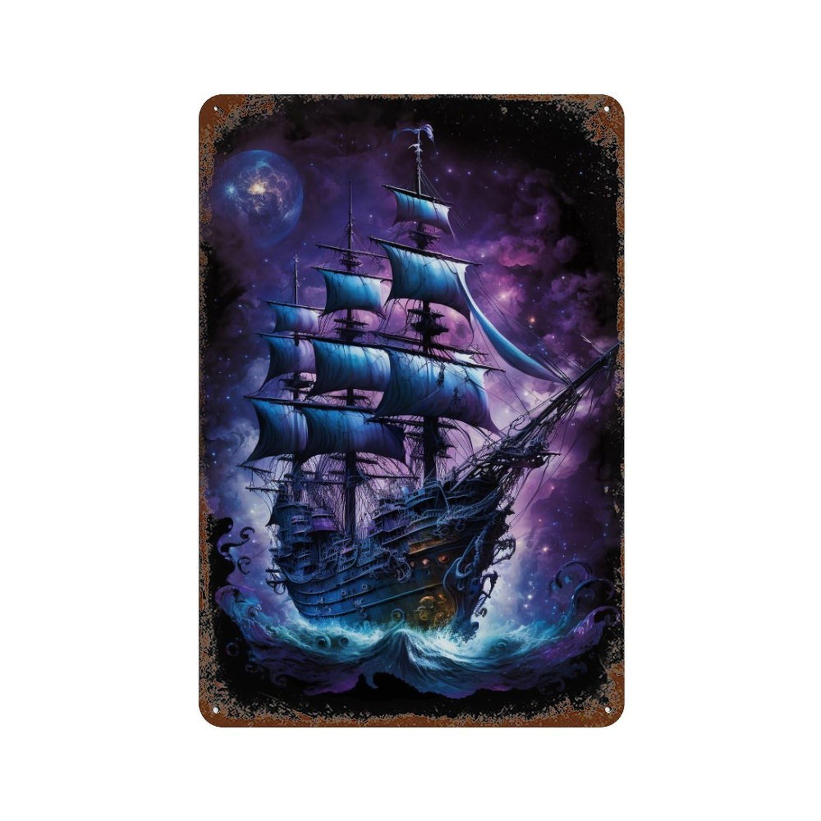Retro Metal Sign Fantasy Sailing Ship Art Print-4 11.8"x7.9", Decorative Metal Wall Art for Pub, Kitchen And Man Cave Decor