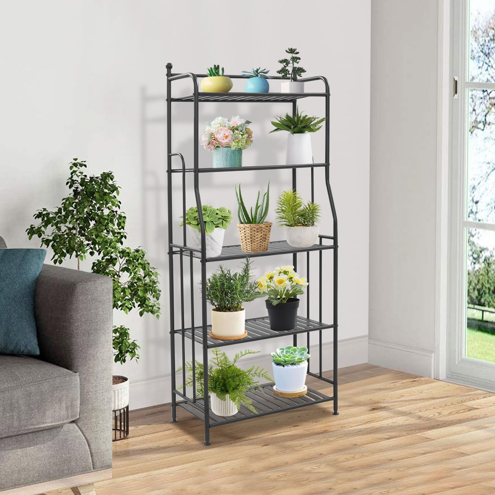 Scaffale per Piante a 5 Ripiani, Portavasi in Metallo, Organizzatore per Fiori per Interni ed Esterni, Portavasi per Soggiorno, Balcone, Giardino