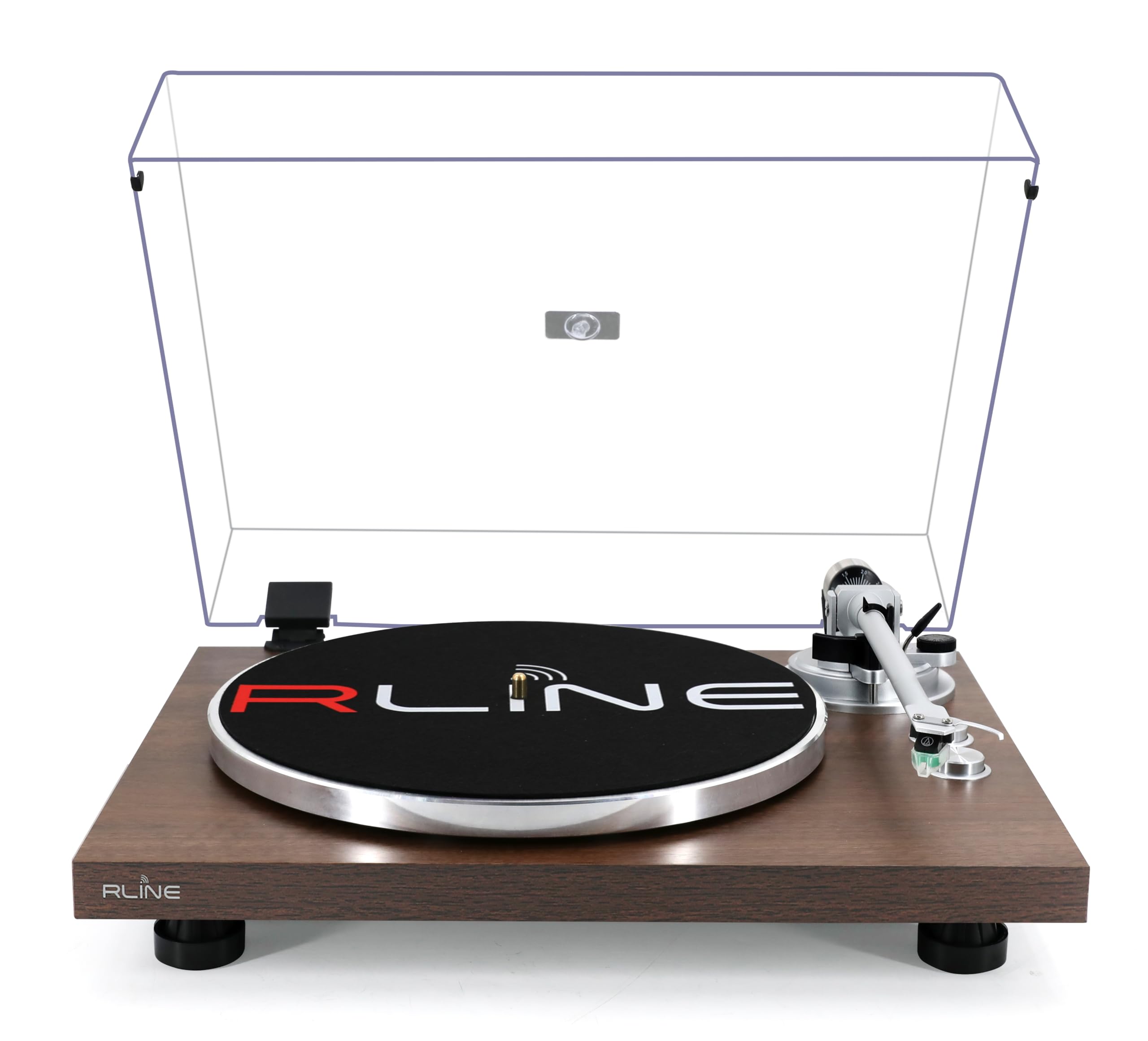 RLINE Gramofon winylowy Bluetooth, orzech włoski, odtwarzacz winylowy 33 i 45 obrotów, talerz ciśnieniowy 12" aluminium, wkład magnetyczny VM-95E, aktywny przedwzmacniacz, funkcja zapobiegająca