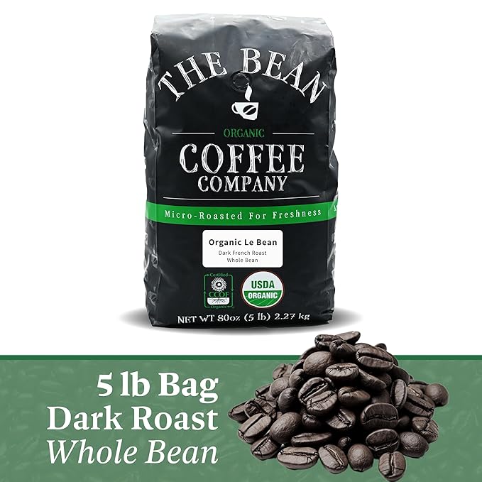 Le Bean Dark French Roast is an organic whole bean coffee blend offered by The Bean Organic Coffee Company. This 5-pound bag is perfect for those who enjoy a rich and full-bodied coffee experience. The beans are sourced from organic farms and carefully roasted to bring out the bold and smoky flavors typical of a French Roast.