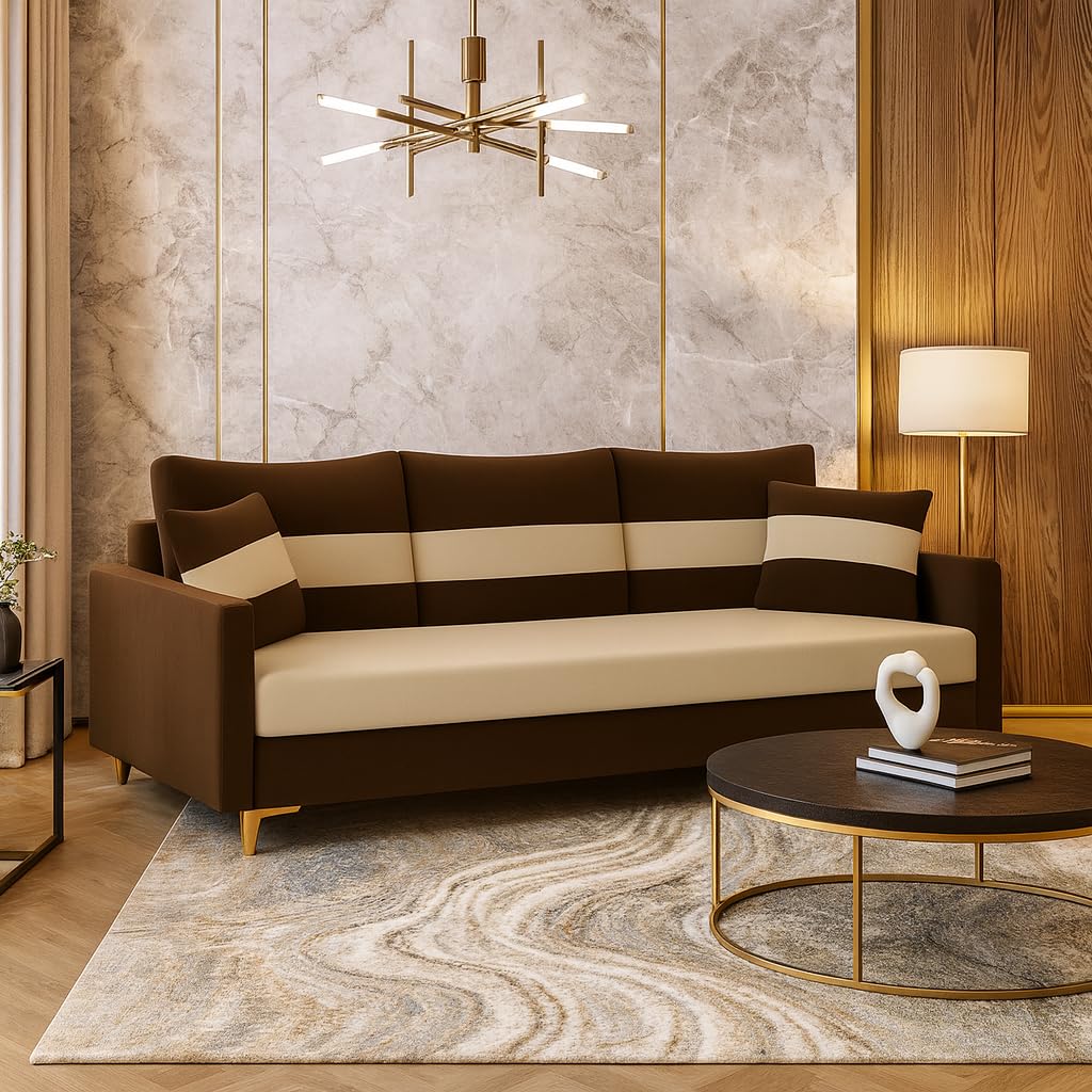 Convix 3 Seater Fabric Sofa Set | Soft Velvet Suede Fabric | Modern Design Sofas for Home | Plush Comfort Cushions for Living Room (Dark Brown-Cream)-image-35
