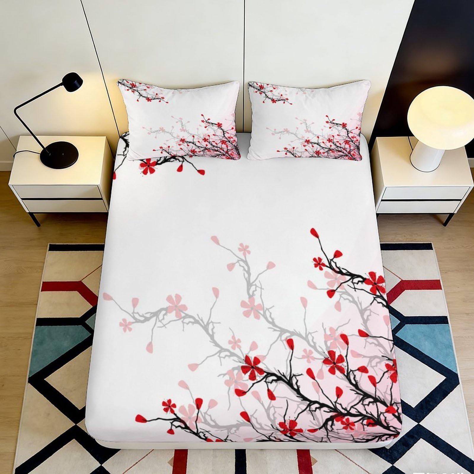 3D Printed Cherry Blossom Fitted Sheet Microfiber Deep Pocket All Wrap Cherry Blossom Mattress Fitted Cover for Bedroom 180x200x25cm