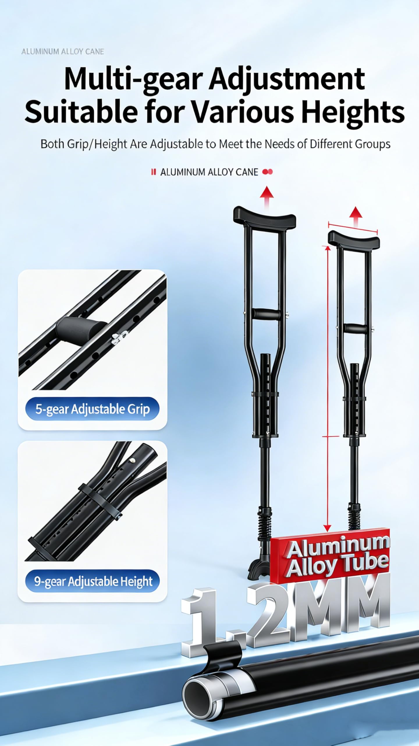 Muleta ergonómica para la rodilla. Ayuda de movilidad ligera para lesiones de una sola pierna con rodilleras de seguridad