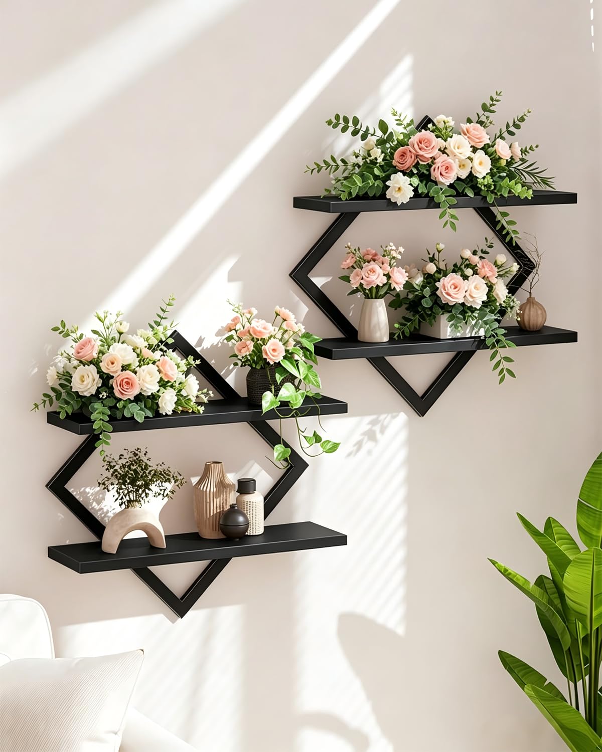 Wandregal 2er Set, Schweberegal mit Metallrahmen 38 cm, 2-stöckiges Hängeregal für Badezimmer, Wohnzimmer, Küche, Home Office (Schwarz)