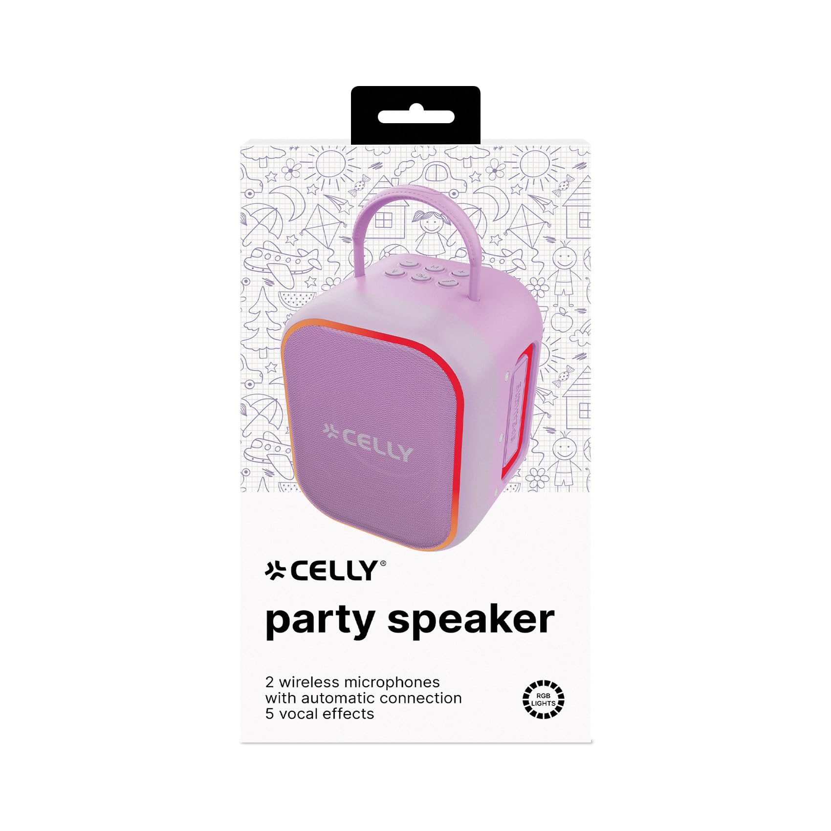 Celly – Speaker Bluetooth 10 W con 2 Microfoni Wireless, LED RGB, Batteria Ricaricabile, Ideale per Bambini e Karaoke, Colore Viola