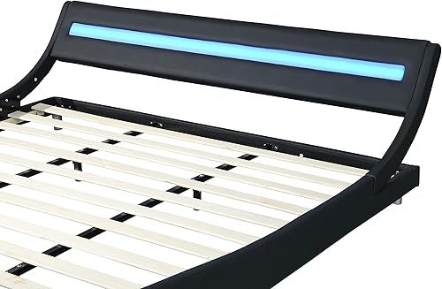 Miniatura 6 de Tensun Base de cama tapizada de piel sintética moderna con cabecera LED base de colchón no necesita somier soporte de listones de madera fuerte