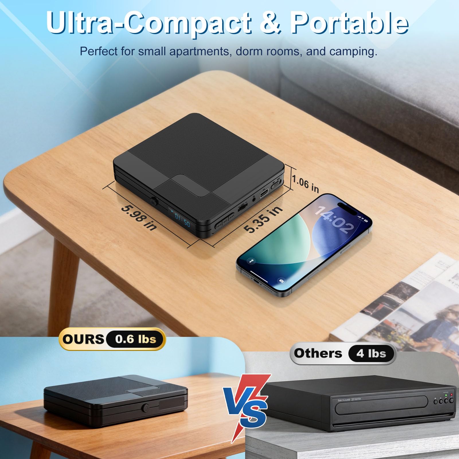 Mini Reproductor de DVD con Control Remoto, Reproductor de CD y DVD Compacto 1080P HD para Smart TV y proyector, Cuenta con Salida HDMI, Conector para Auriculares, Entrada USB 2.0, Soporte PAL