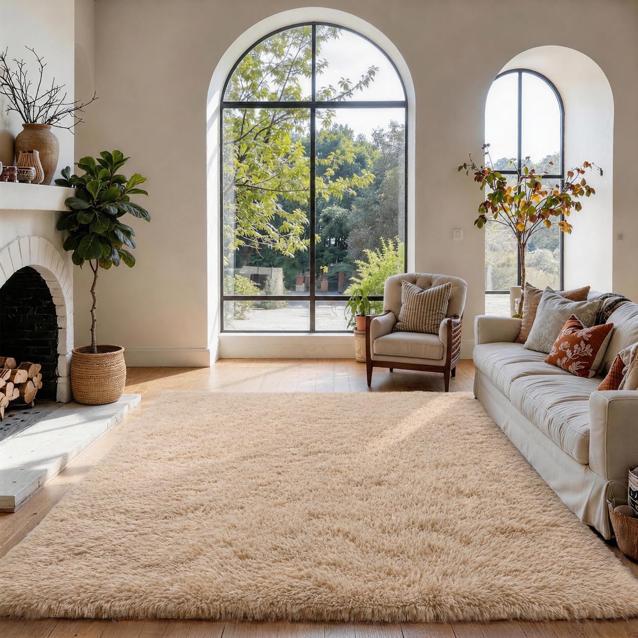 SOANNY Rugs Living Room, Beige Small Soft Fluffy Shaggy Solid Carpet for Bedroom Dorm Bedside Lounge Office, Non-Slip, Machine Washable, Throw Rug for Home Decor, 80x150cm โ image 1