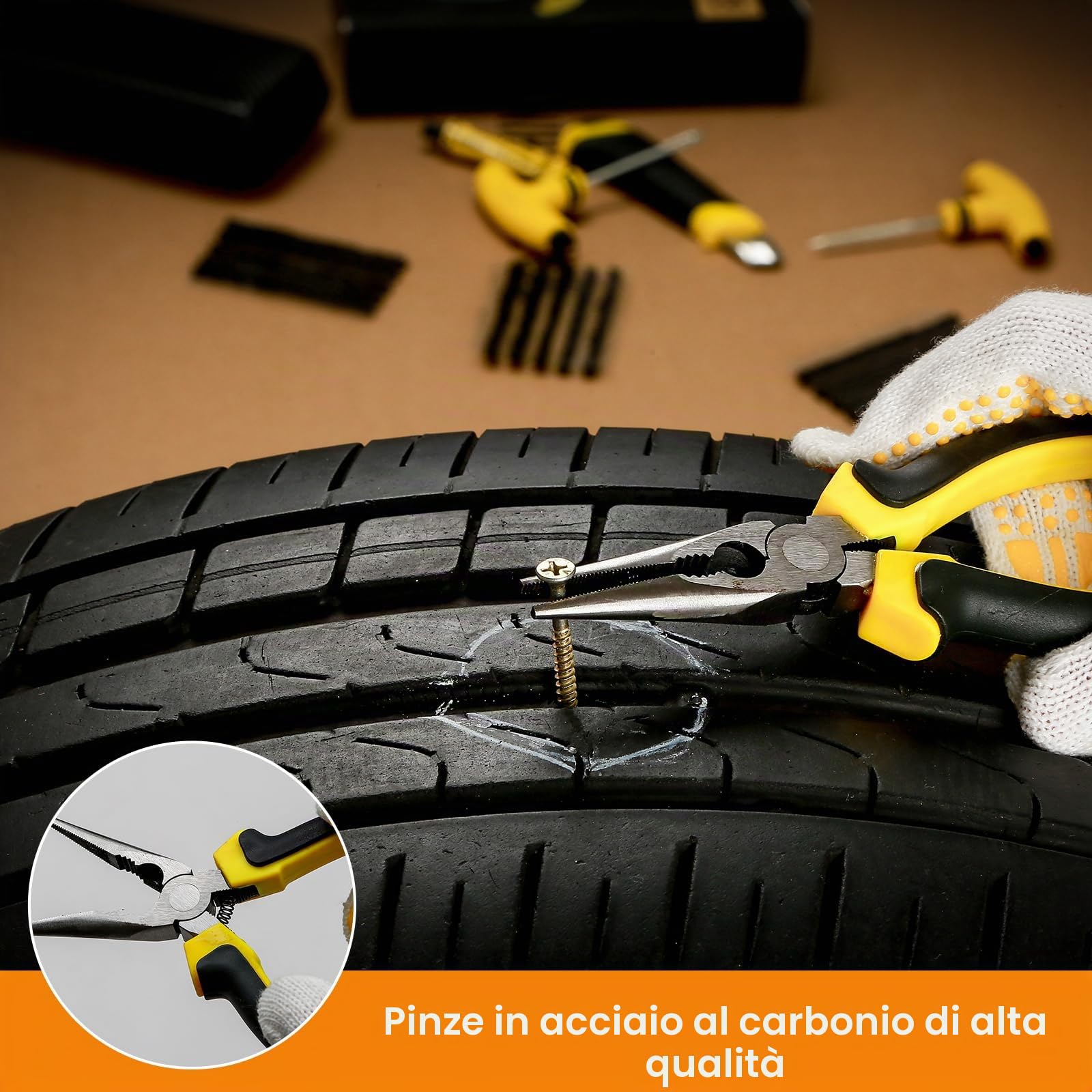 Kit di riparazione per pneumatici sgonfi - 27 pezzi - Kit di tappi per foratura e toppe con custodia, kit di toppe per pneumatici portatile con sigillante, ideale per auto, camion, moto, bici