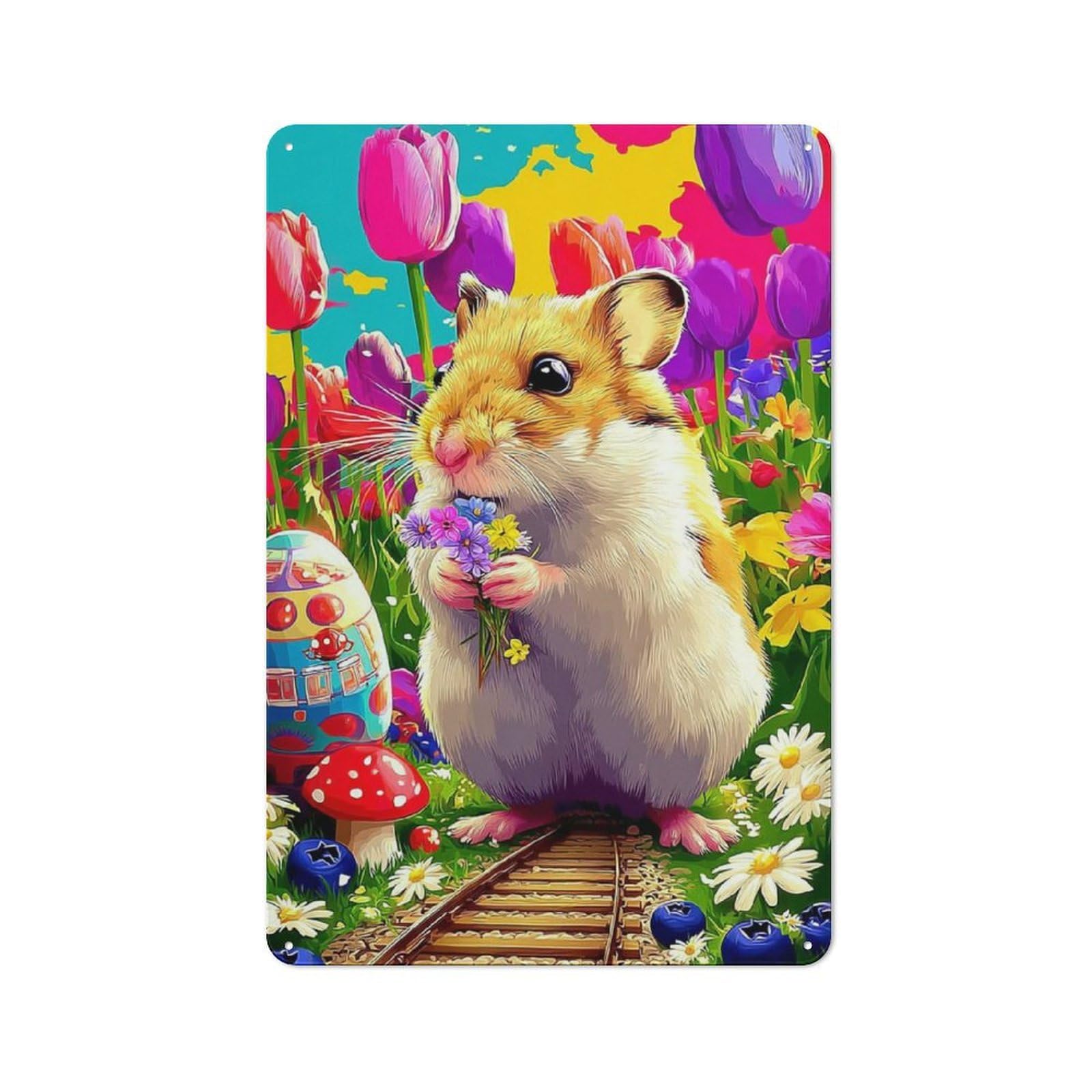 Junmoney Hamster In A Flower Garden -1 Classic Metal Wall Decor 30X20cm, Decorative Tin Plaque For Cafe, Pub, Workshop Or Home Bar