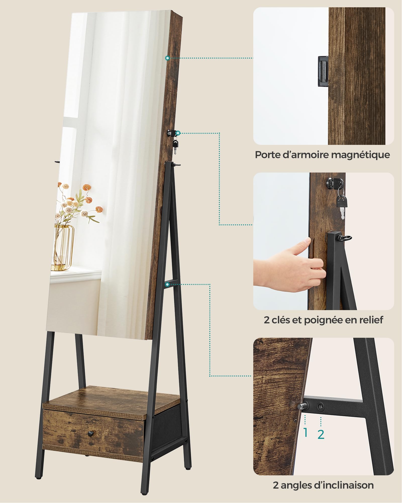 SONGMICS Armoire à bijoux LED sur pied, verrouillable avec miroir pleine longueur, organiseur de bijoux compact avec tiroir et étagère, idée cadeau, marron rustique JJC025X01