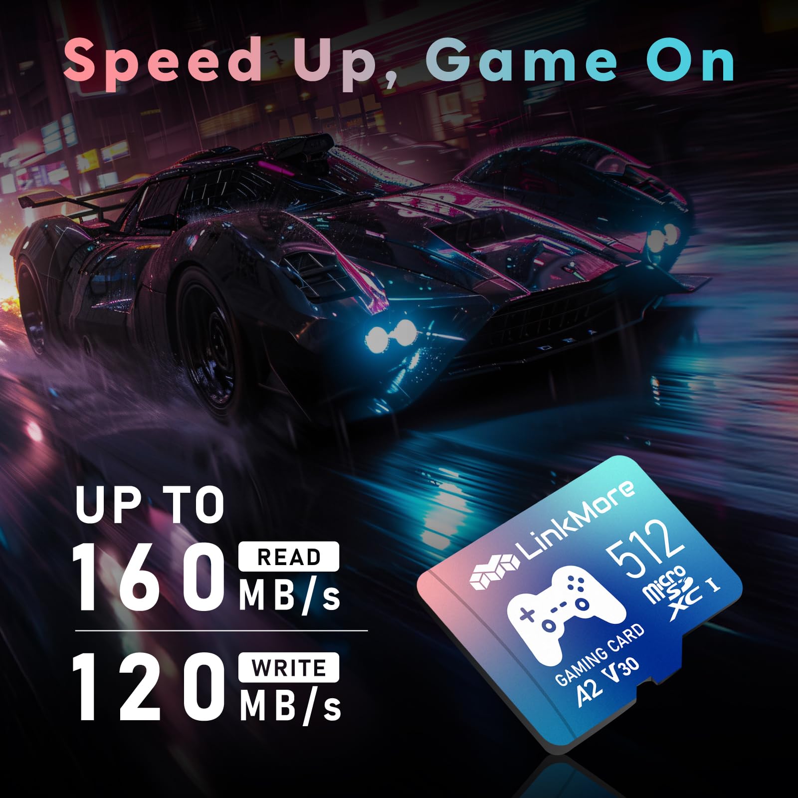 LinkMore Tarjeta Micro SDXC para juegos de 512 GB, A2, UHS-I, U3, V30, clase 10, velocidad de lectura de hasta 160 MB/s, velocidad de escritura de hasta 120 MB/s, adaptador SD incluido (XV23 PRO)