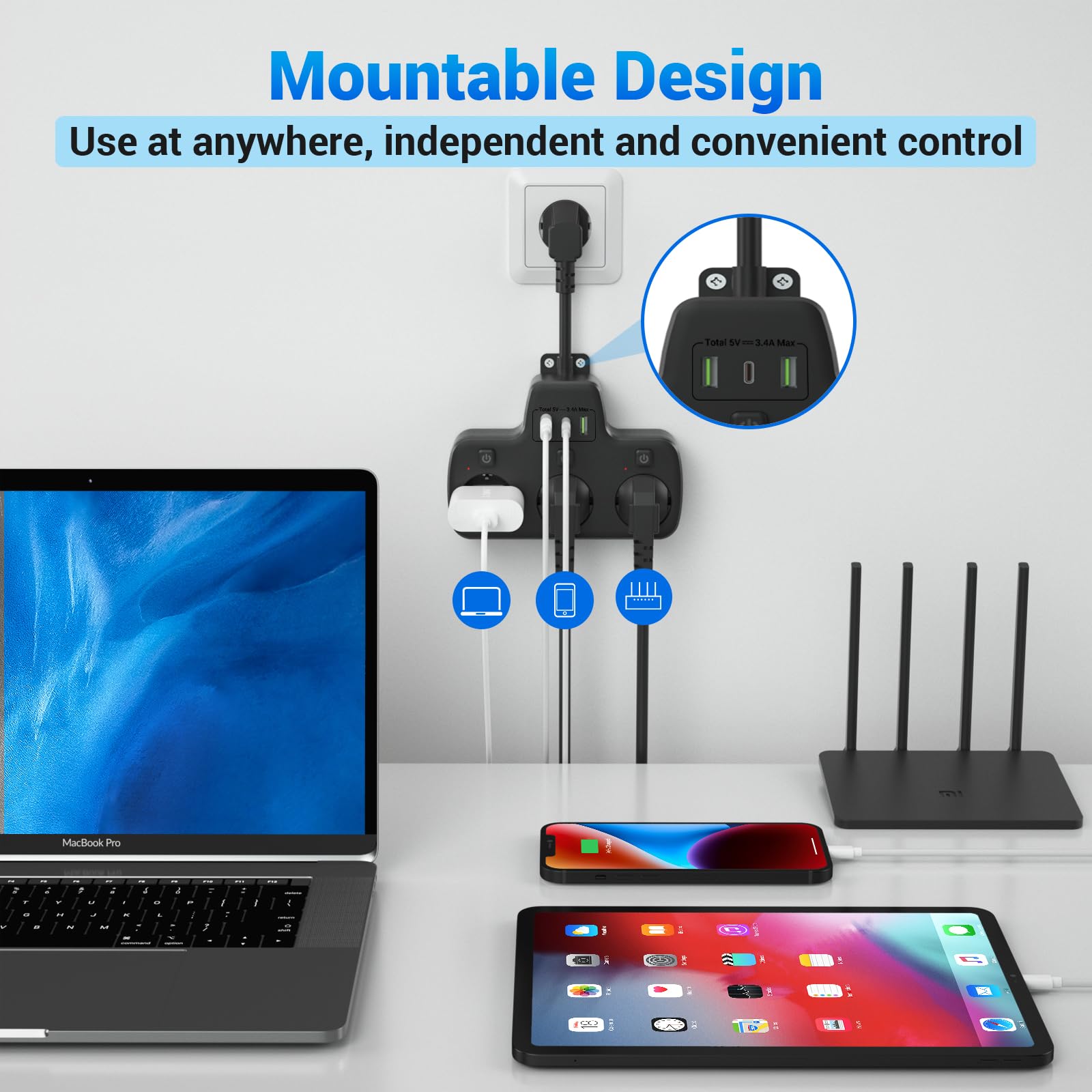 Presa Multipla con Interruttori Indipendenti, Ciabatta Multipresa con USB C, Multipresa da Parete 3 Prese e 3 USB Caricatori, Ciabatta Elettrica Presa Adattatore Schuko Salvaspazio Cavo 0,1 M,Nero