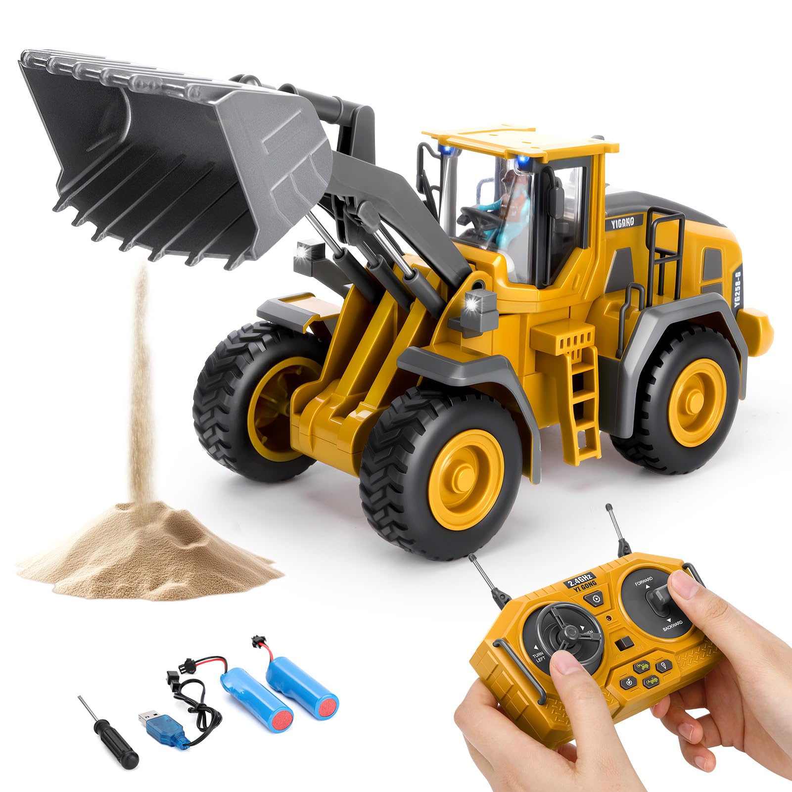 Bulldozer RC 9 canaux 2,4 GHz avec pelle légiée – Rotation à 360 °, pelle en alliage, effets sonores réalistes, charge USB + 2 batteries, véhicule de construction pour enfants de 3 à 12, cadeau pour
