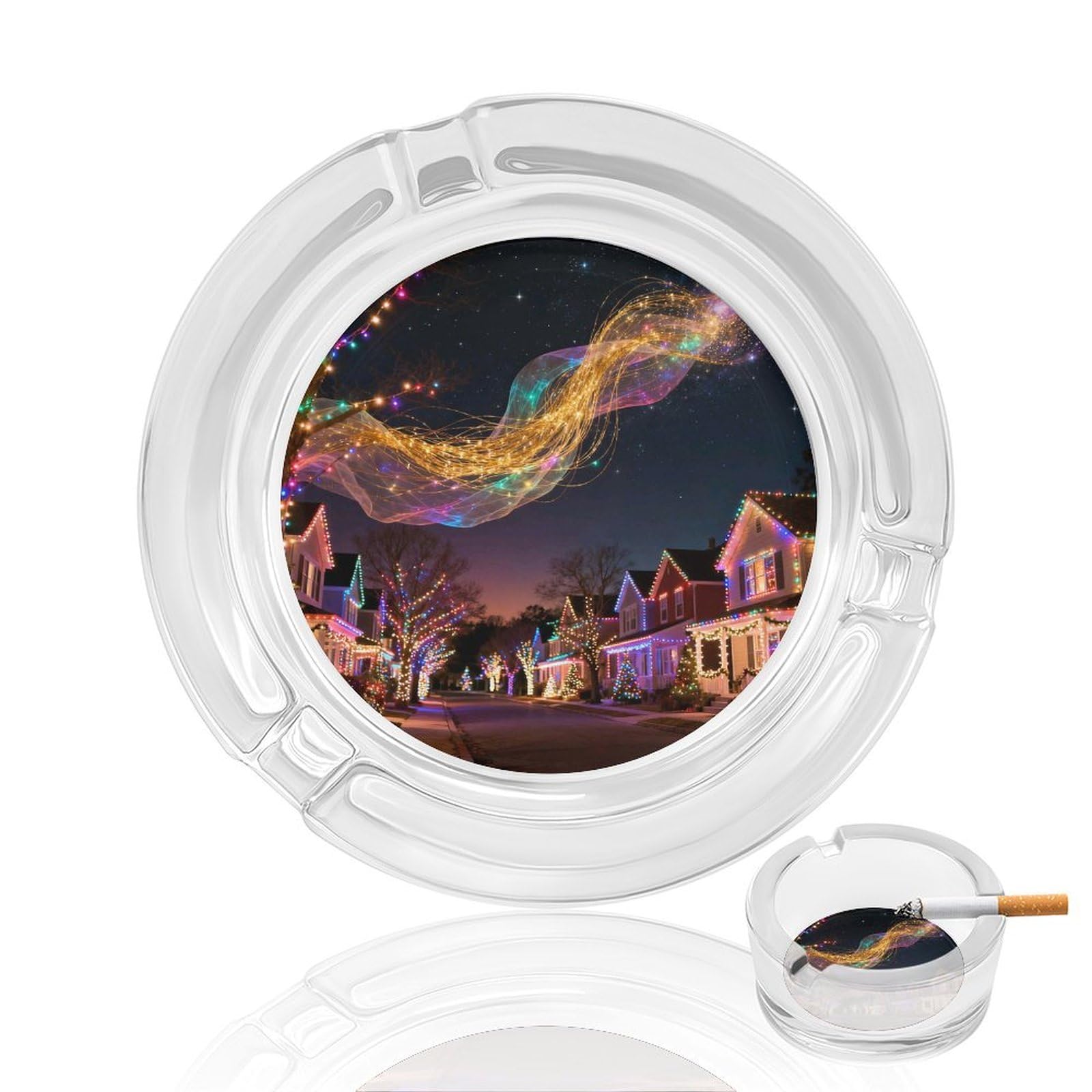 Cendrier en verre pour cigarettes avec décor Vue de nuit et Lumières de Noël