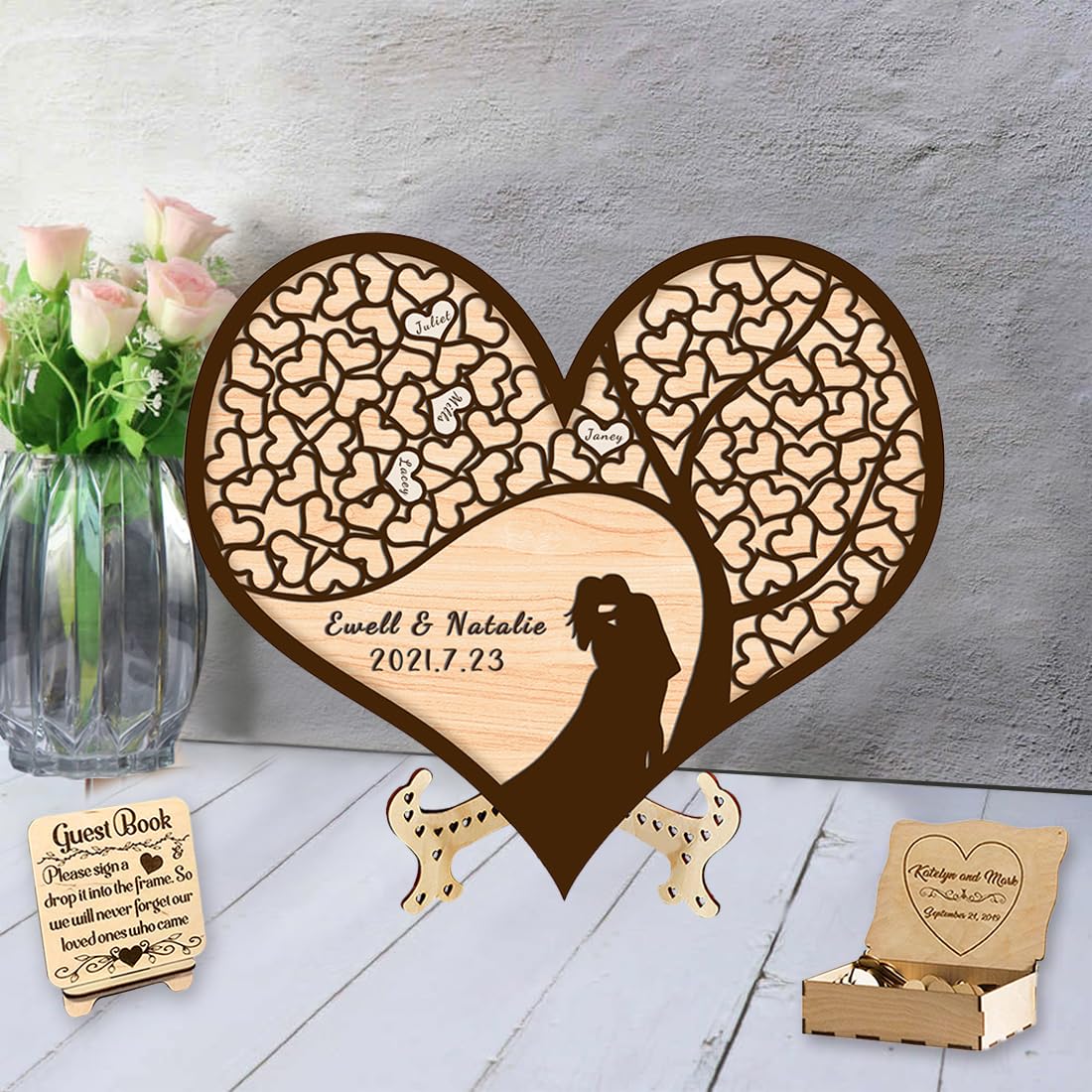 Personalised Tree Wedding Guest Book Alternative Custom Name Date Wedding Sign in Book Alternative Keepsake Rustic Wedding Decor for Birthday Party Wedding (Style 16)