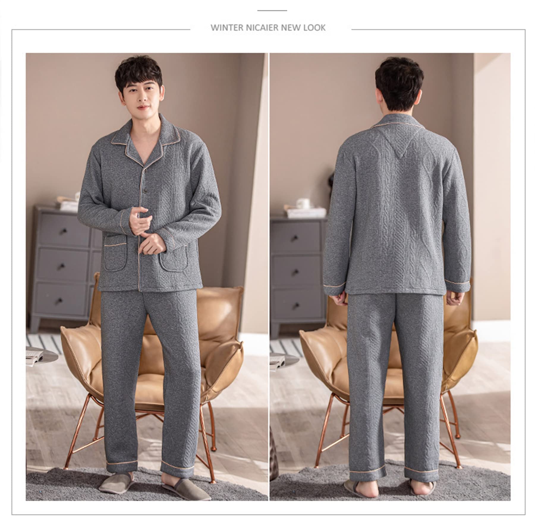 Conjunto de Pijama de 2 Piezas con Cuello en V y Solapa de algodón Grueso para Hombre Conjunto de Pijama de Manga Larga de Talla Grande con Botones Entre Capas