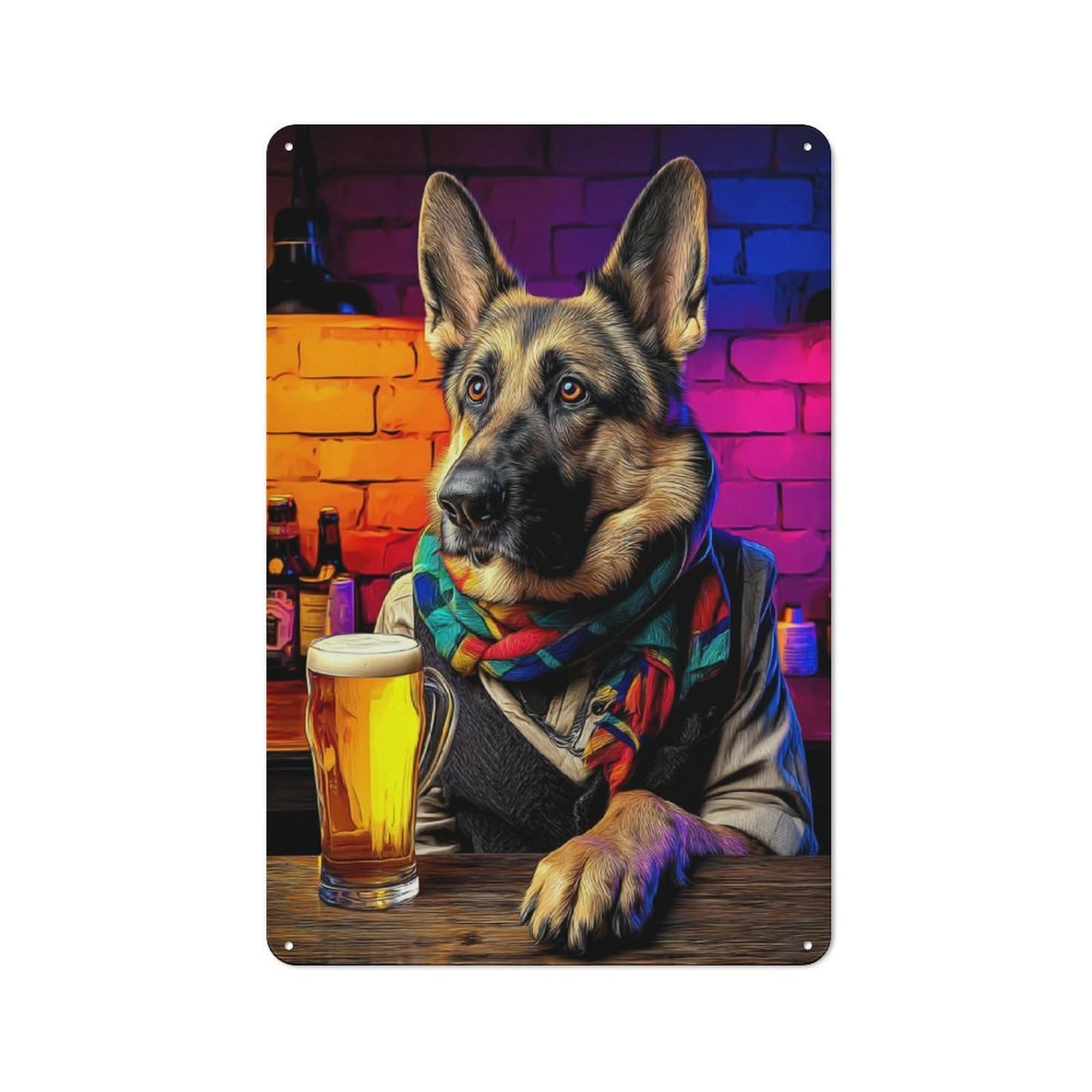 Junmoney German Shepherd Enjoying A Beer Industrial-Style Metal Plaque 30X20cm For Hallway Wall, A Winter Wall Decor Update For Hallway Decor Lovers