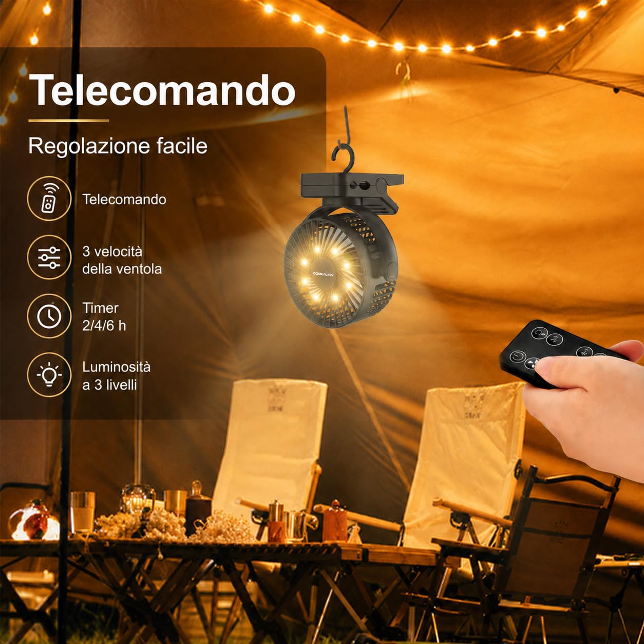 Ventilatore a Clip 15,2 cm, 12000 mAh, Telecomando, LED, Timer | Ventilatore USB ricaricabile con timer e 3 velocità per casa, ufficio, camper e campeggio.