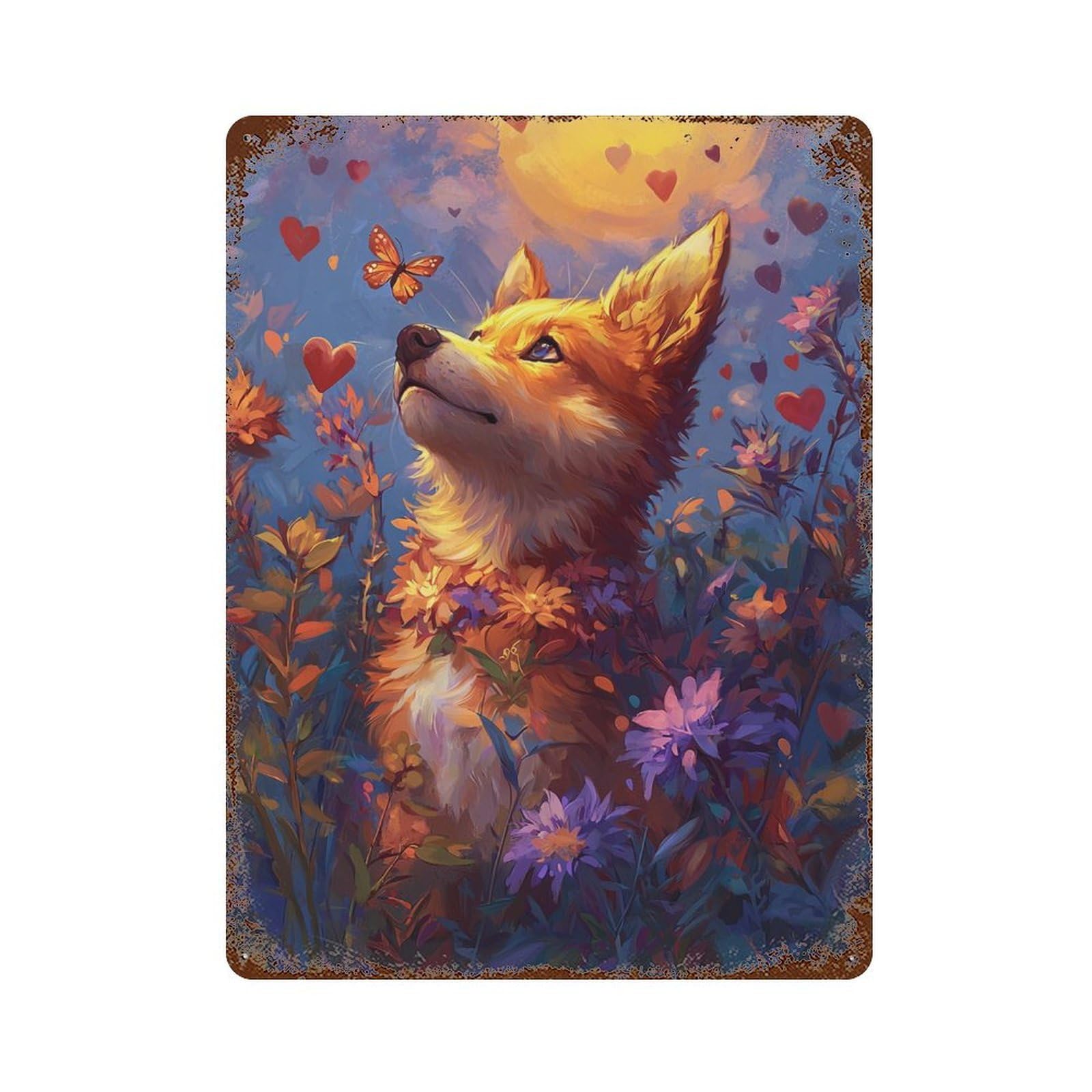 Fox in Flowers Fantasy Art 15.7"x11.8" Distressed Metal Wall Sign, Shabby Chic Decor for Shed, Workshop And Garage Wall Decor