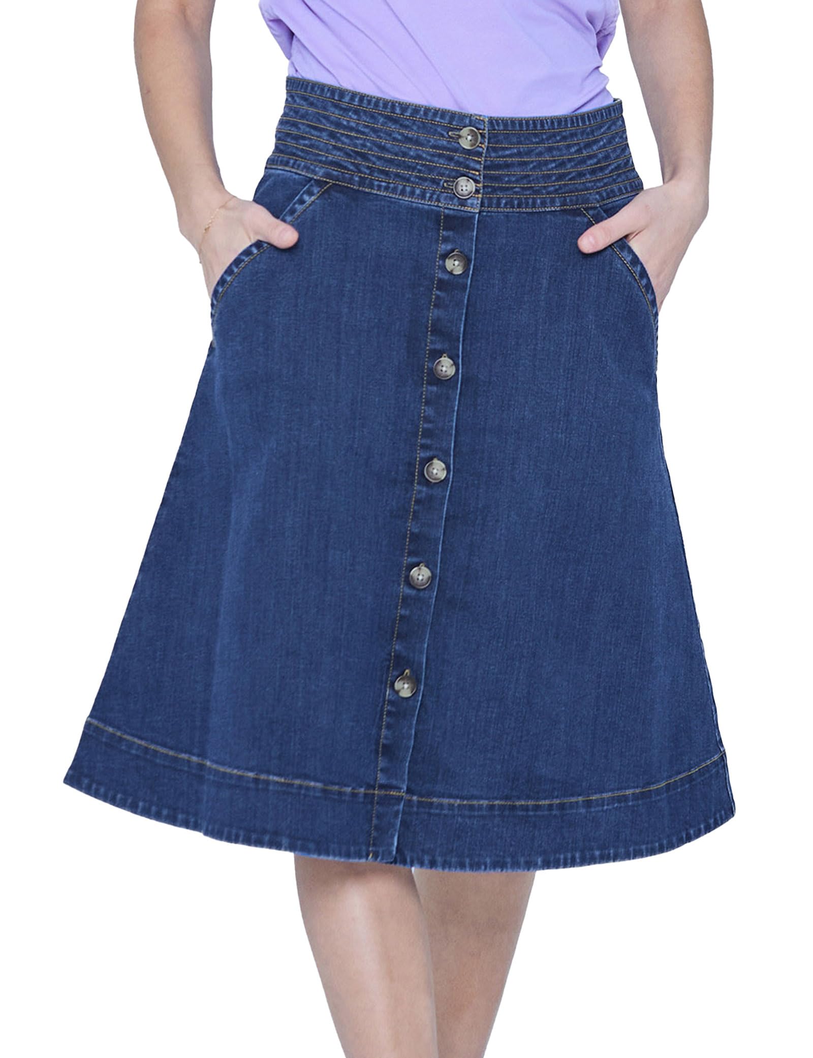 Enorsia Womens Deep Blue A Line Denim Midi Skirt High Waist Stretch Jean Skirt with Horn Button Classic Blue Wash Casual Office Travel Everyday Outfit (UK, Numeric, 14, Regular, Regular, Deep Blue)