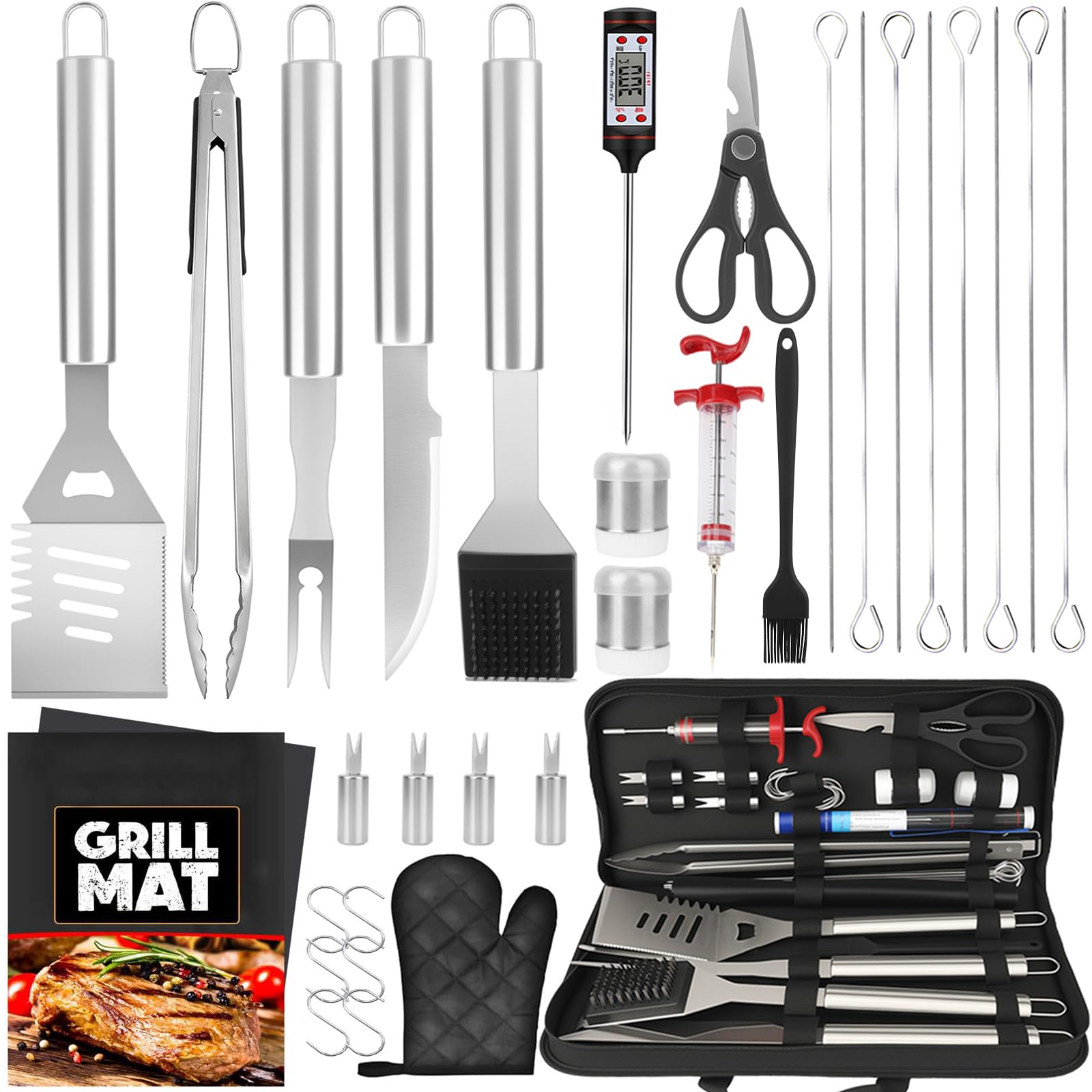 Accessori per barbecue da barbecue, 32 pezzi, regalo per uomini per compleanno o festa del papà, set di posate in acciaio inox per barbecue da esterno con tasca, termometro e iniettore per carne