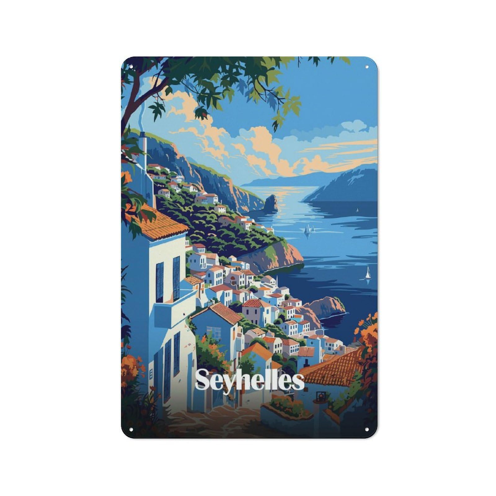 Junmoney Seychelles Coastal Town Retro Metal Gift Sign 30X20cm Featuring Small Space Decor For Bedroom, Kitchen, Office Or Living Room