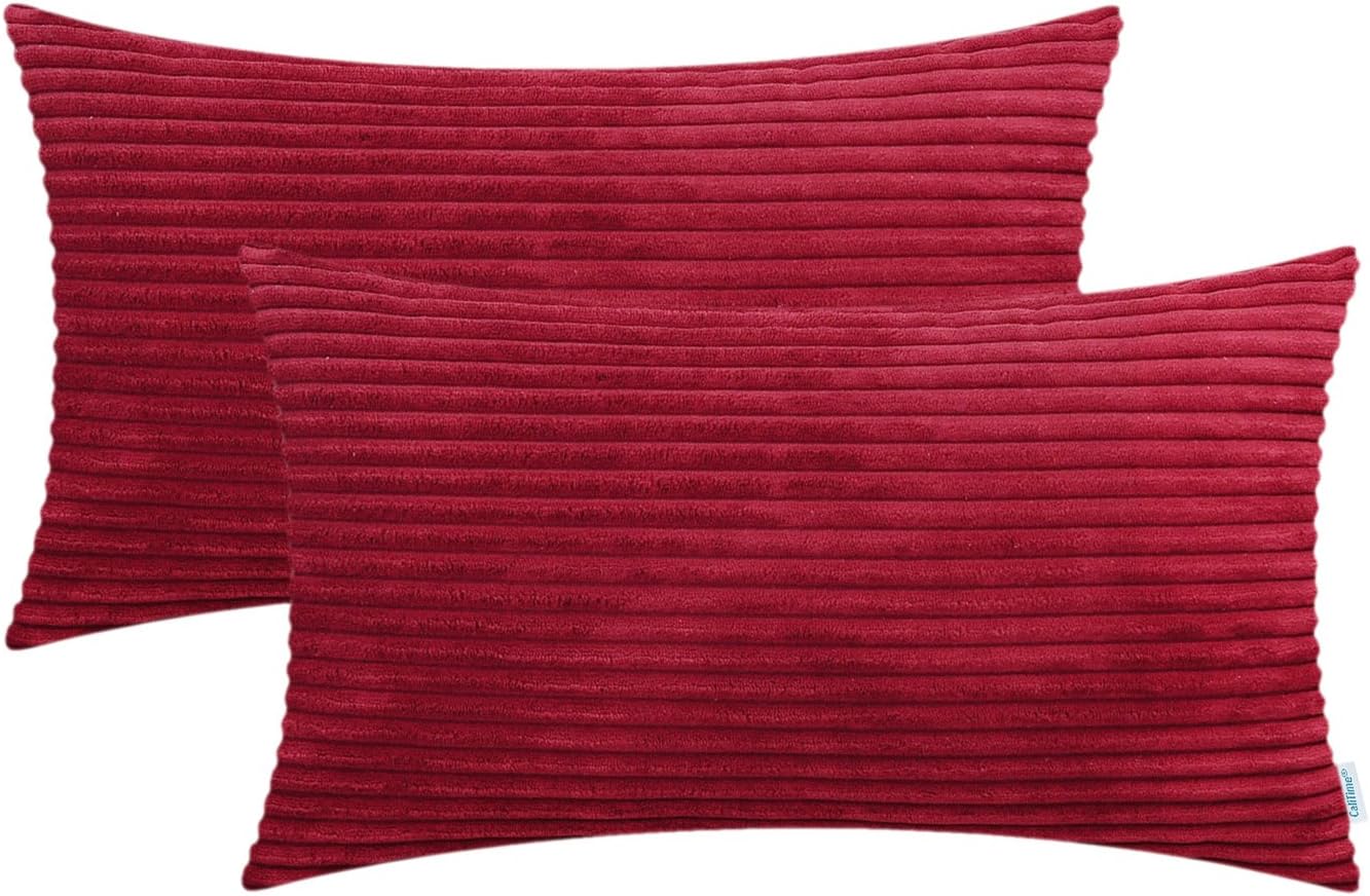 CaliTime Pack of 2 Cozy Pillow Covers Cases for Couch Sofa Bed Comfortable Supersoft Solid Corduroy Striped Both Sides 12 X 20 Inches Scarlet Red