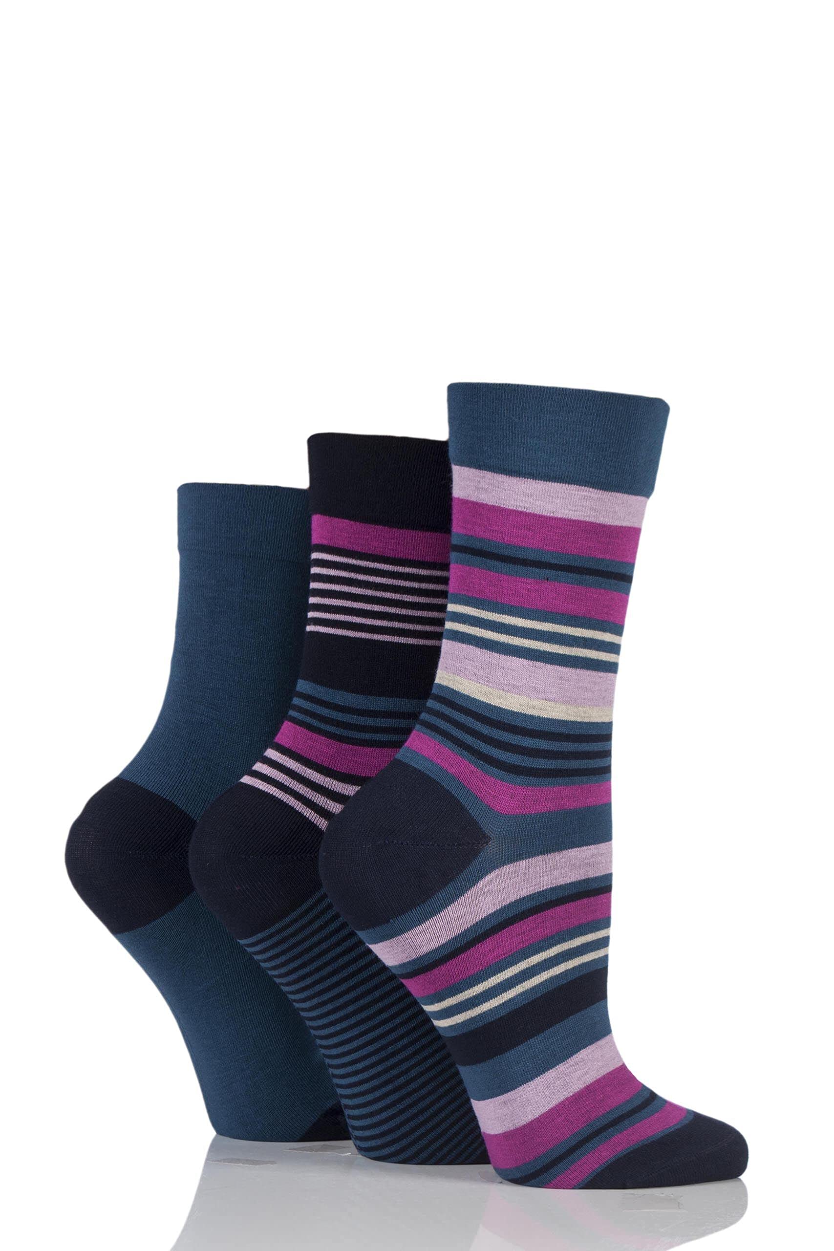 Sockshop Women's Damson/Magenta Gentle Bamboo Socks With Smooth Toe Seams In Plains And Stripes Pack Of 3 4-8