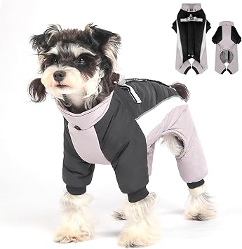 Dog Winter Coat Pet Warm Jacket,Adjustable Waterproof 4 Legs Pet Jumpsuit with D-Ring & Reflective Strips for Small to Large Dogs Black and Grey, M