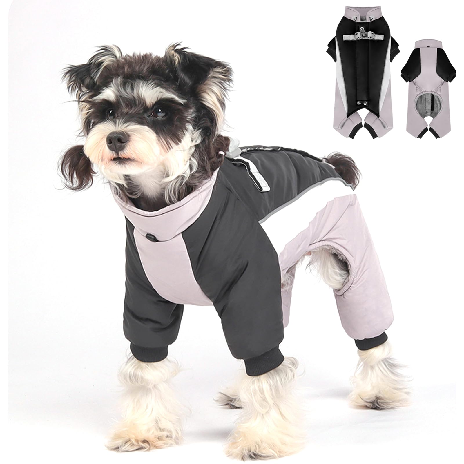Cappotto invernale per cani, giacca calda per animali domestici, regolabile, impermeabile, a 4 gambe, con anello a D e strisce riflettenti, per cani di piccola e grande taglia (nero-grigio, M